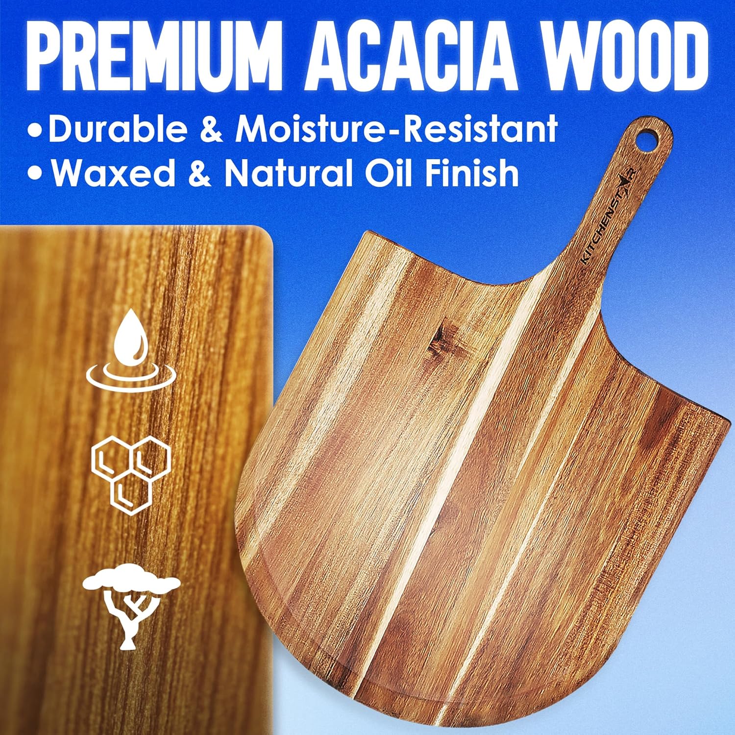 KitchenStar Acacia Wood Pizza Peel 16 inch - Extra Large Wooden Pizza Paddle Spatula for Oven - Beautiful Cutting & Serving Board with Handle - Pizza Oven Accessories