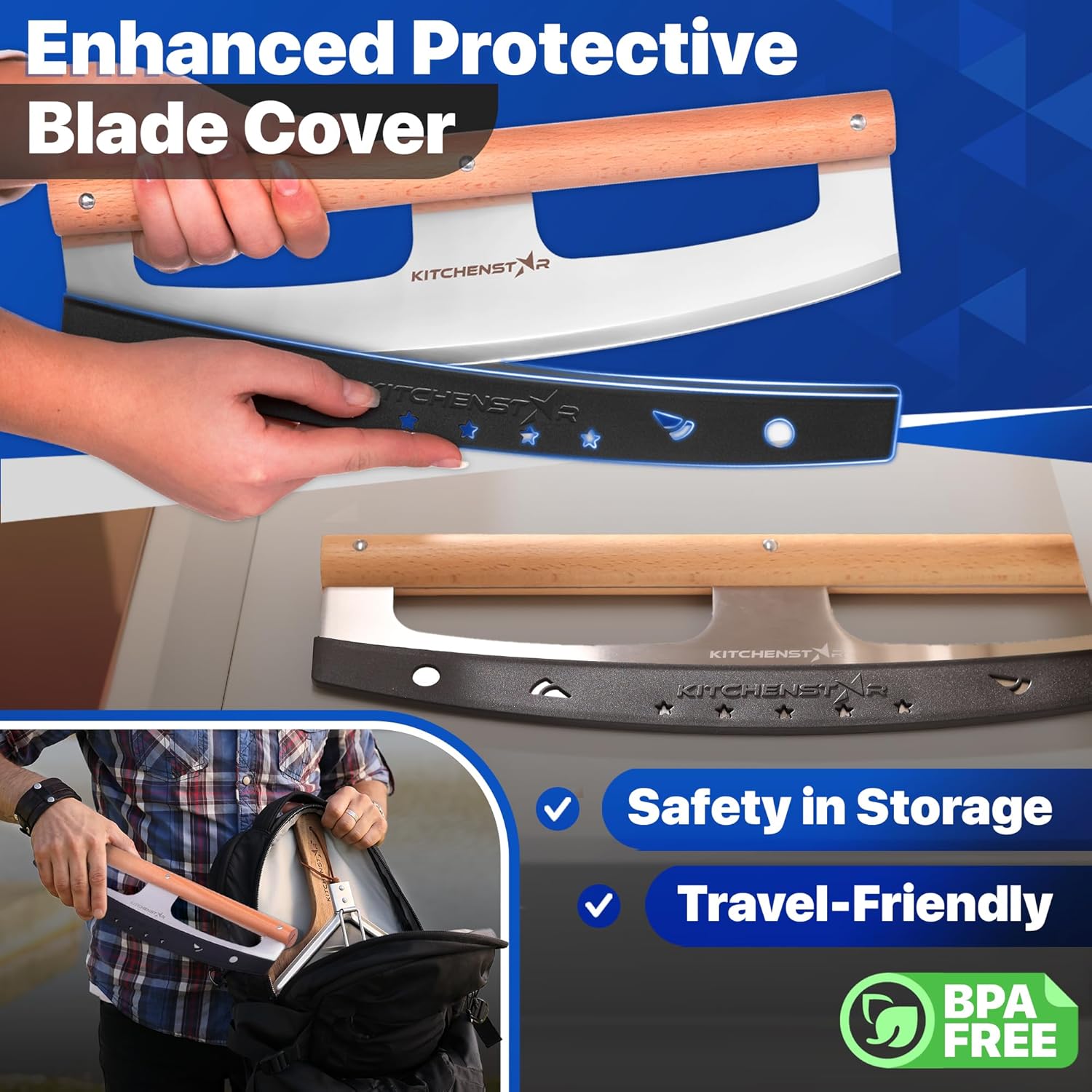 14" Pizza Cutter Rocker by KitchenStar - Razor Sharp Stainless Steel Slicer Knife w Wooden Handle & Blade Cover, Silver - Premium Pizza Oven Accessories