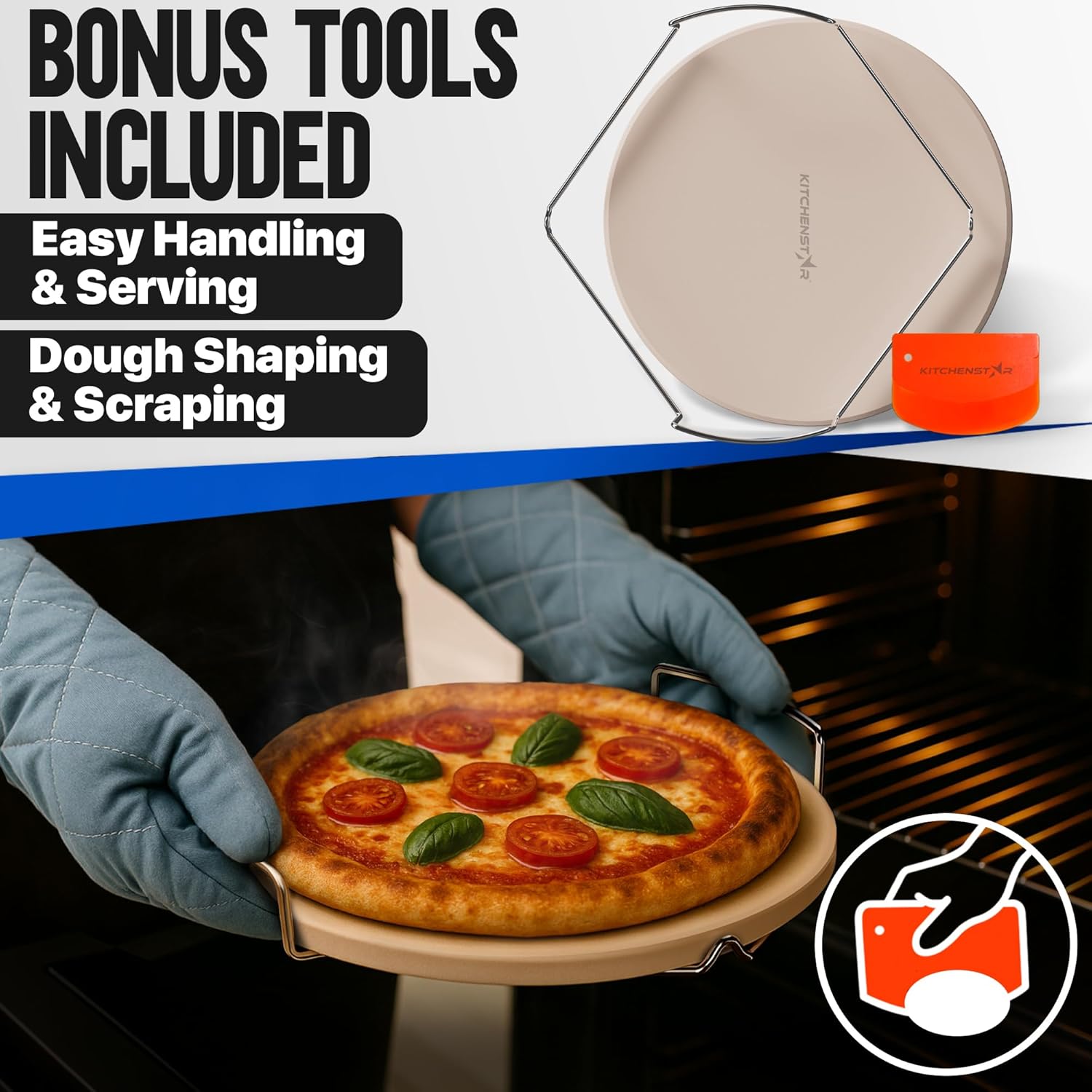 Pizza Stone for Oven and Grill 14 inch - Cordierite Baking Stone Set with Stainless Steel Rack and Plastic Scraper - Durable and High-Quality Ceramic Pizza Stones for Grill and Oven