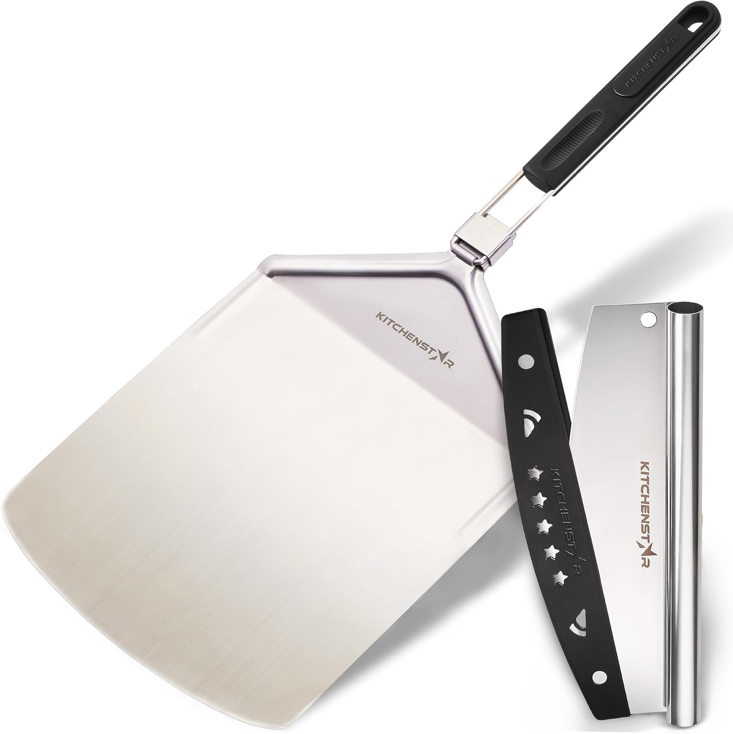 KitchenStar Stainless Steel Pizza Peel 12" with 10" Folding Handle + Pizza Cutter Rocker Blade 12" - Pizza Making Bundle