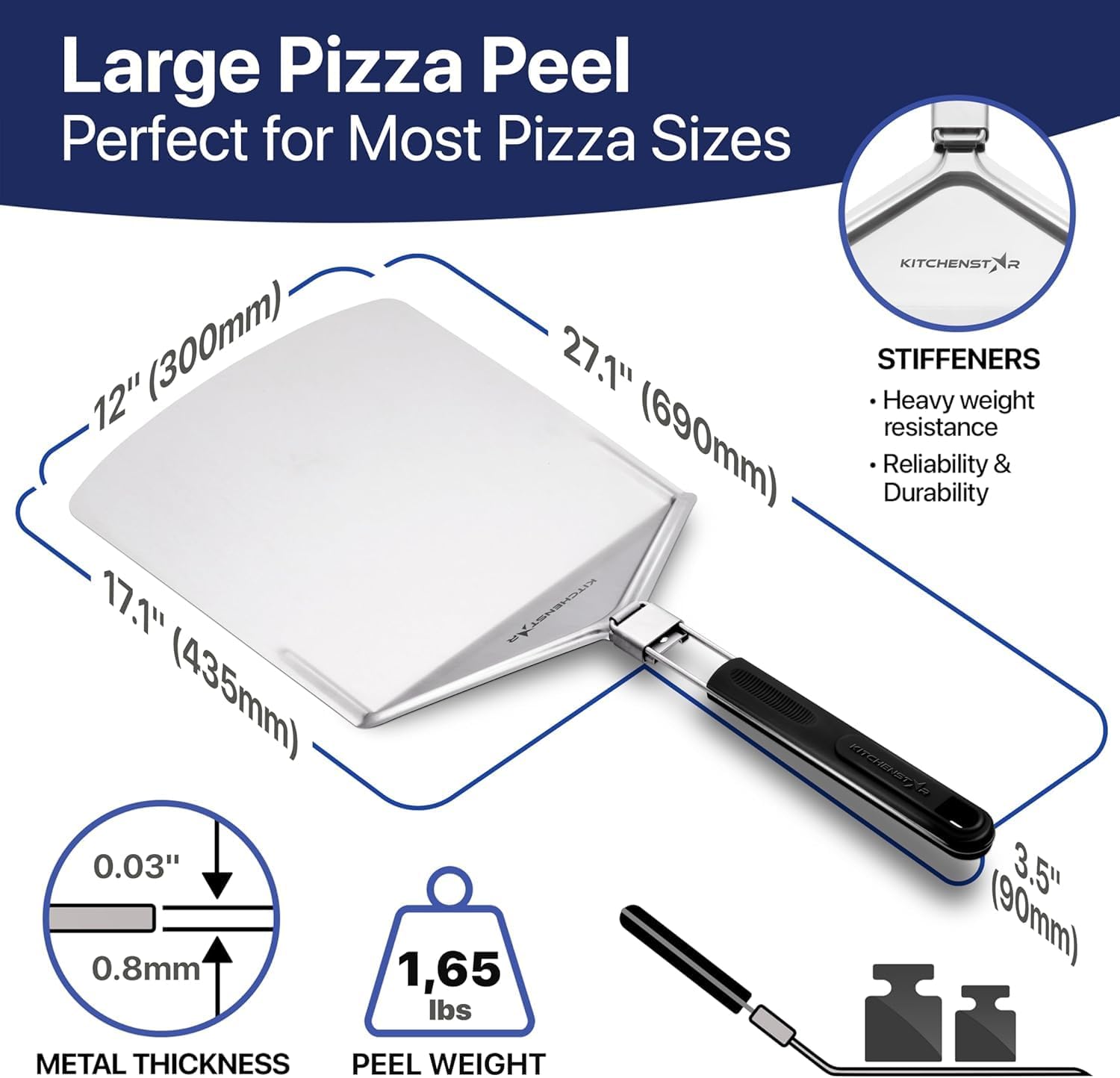 KitchenStar 12" Pizza Peel with Long Folding Handle - Stainless Steel Spatula Paddle for Effortless Pizza Transfer & Easy Storrage - Outdoor Pizza Oven Accessories