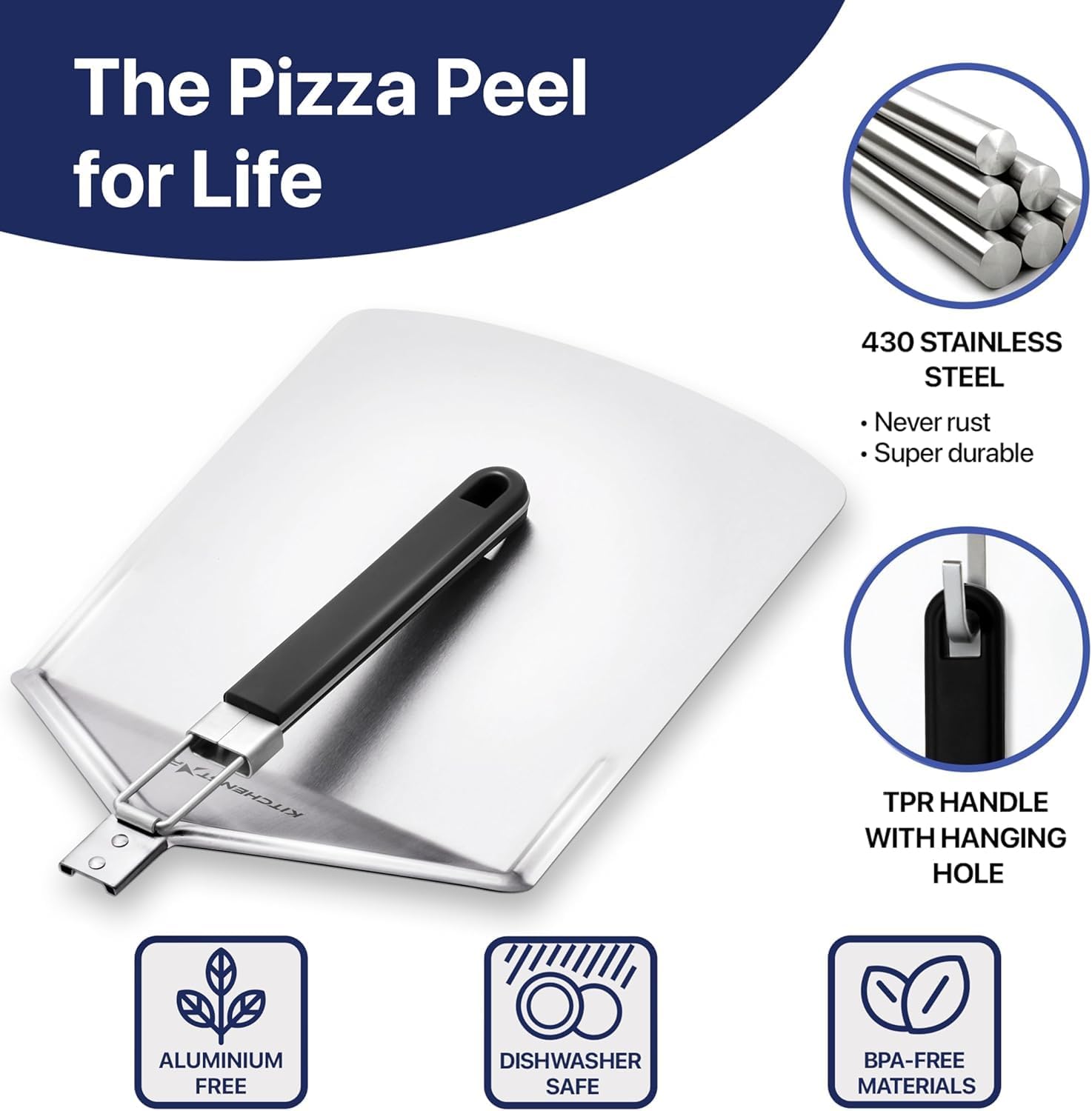 KitchenStar 12" Pizza Peel with Long Folding Handle - Stainless Steel Spatula Paddle for Effortless Pizza Transfer & Easy Storrage - Outdoor Pizza Oven Accessories