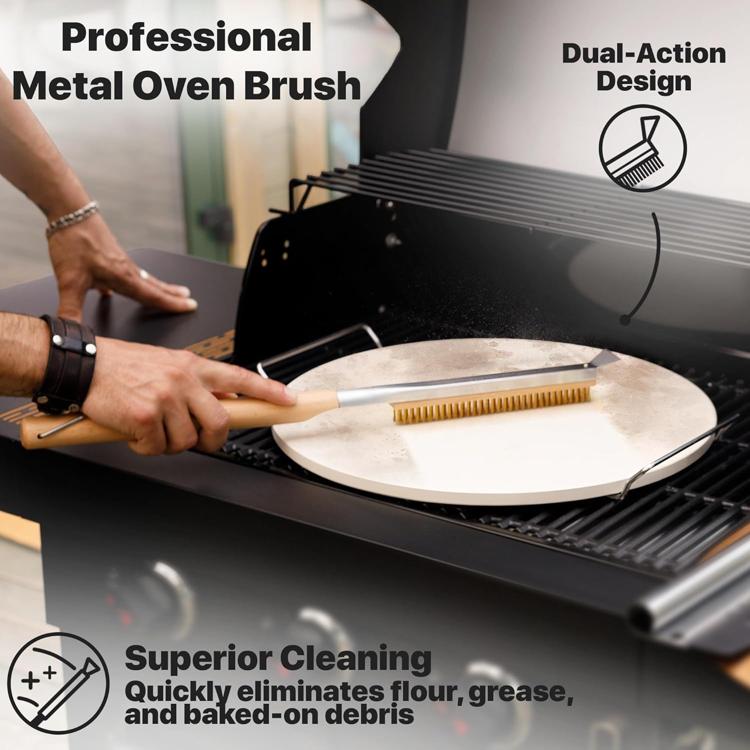 16" Pizza Making Kit (Set of 4 Tools) - Pizza Stone with SS Rack, Acacia Wood Pizza Peel, Stainless Steel Pizza Cutter Rocker w Protective Cover, Metal Brush w Scraper, Oven & Grill Accessories