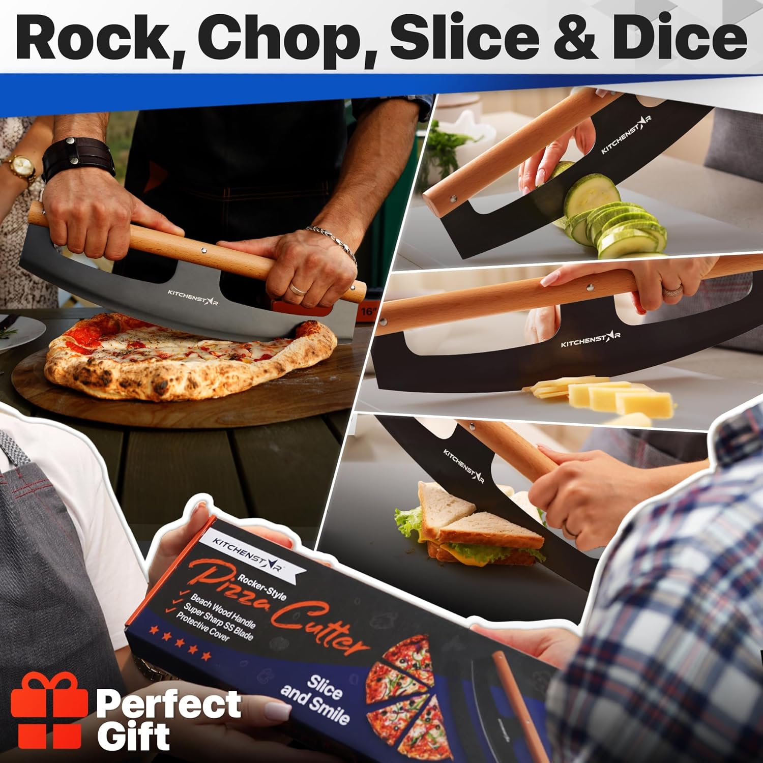 14" Pizza Cutter Rocker by KitchenStar - Razor Sharp Stainless Steel Slicer Knife w Wooden Handle & Blade Cover, Black - Premium Pizza Oven Accessories