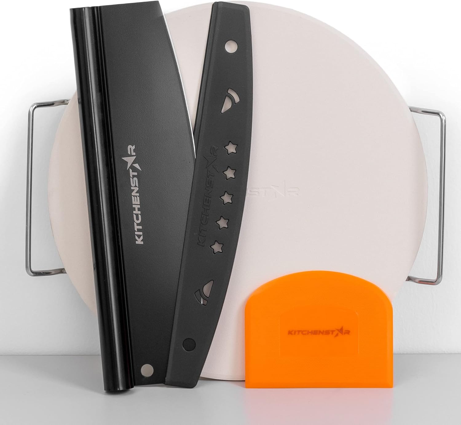 KitchenStar Pizza Stone for Oven and Grill 12 inch + Pizza Cutter Rocker 12" Black - Pizza Making Set Bundle - Premium Pizza Oven Accessories and Tools