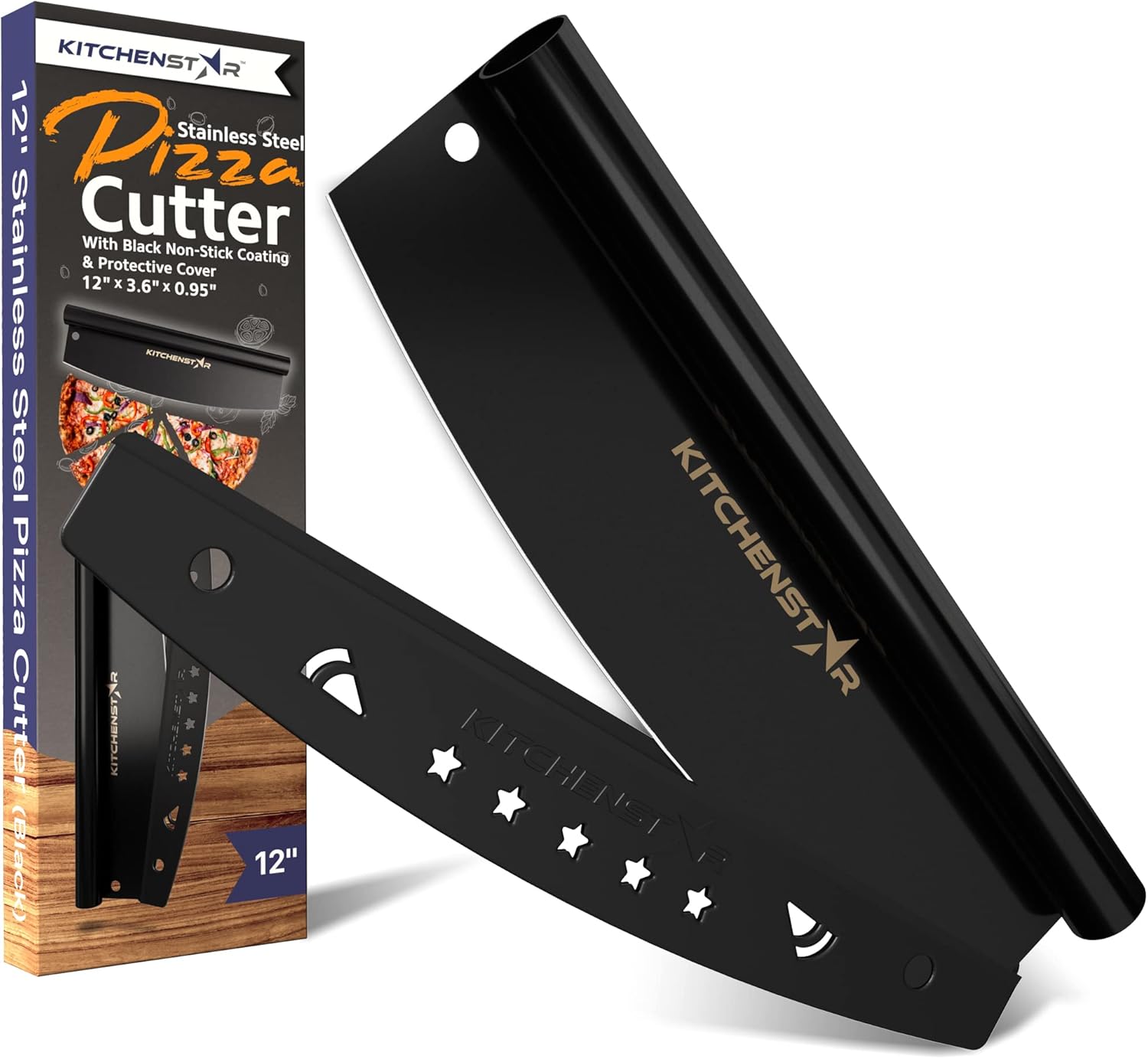 KitchenStar Pizza Stone for Oven and Grill 12 inch + Pizza Cutter Rocker 12" Black - Pizza Making Set Bundle - Premium Pizza Oven Accessories and Tools