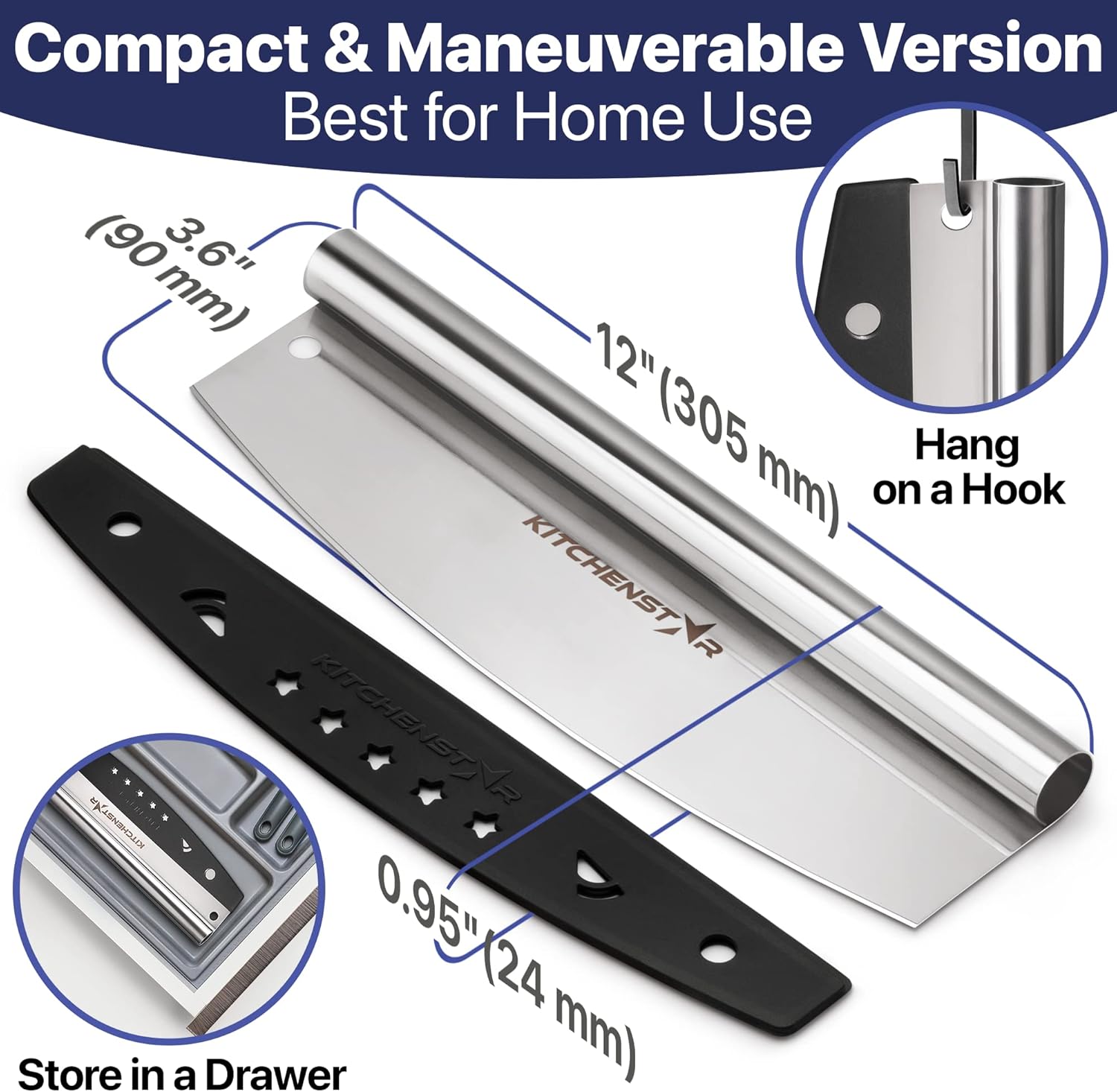 Pizza Cutter Rocker 12 inch by KitchenStar - Super Sharp Stainless Steel Slicer Knife with Hanging Hole & Protective Blade Cover (Silver) - Fast and Easy Slicing, Dishwasher Safe