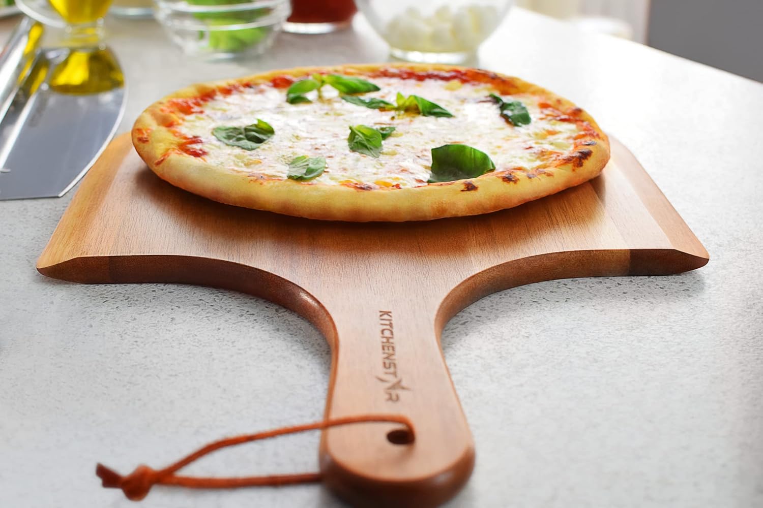 KitchenStar Acacia Wood Pizza Peel 14 inch - Large Wooden Pizza Paddle Spatula for Oven - Beautiful Cutting & Serving Board with Handle - Premium Pizza Oven Accessories