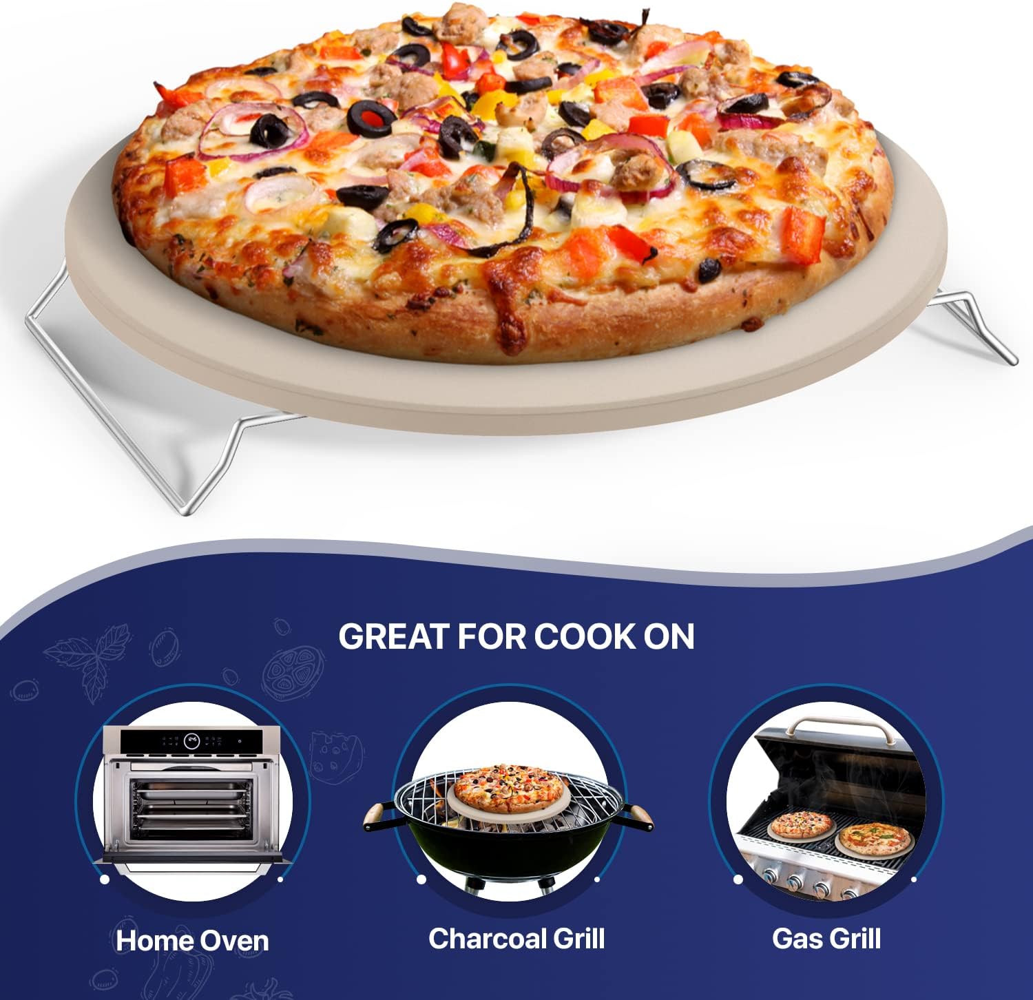 KitchenStar Pizza Stone for Oven and Grill 12 inch + Pizza Cutter Rocker 12" Black - Pizza Making Set Bundle - Premium Pizza Oven Accessories and Tools