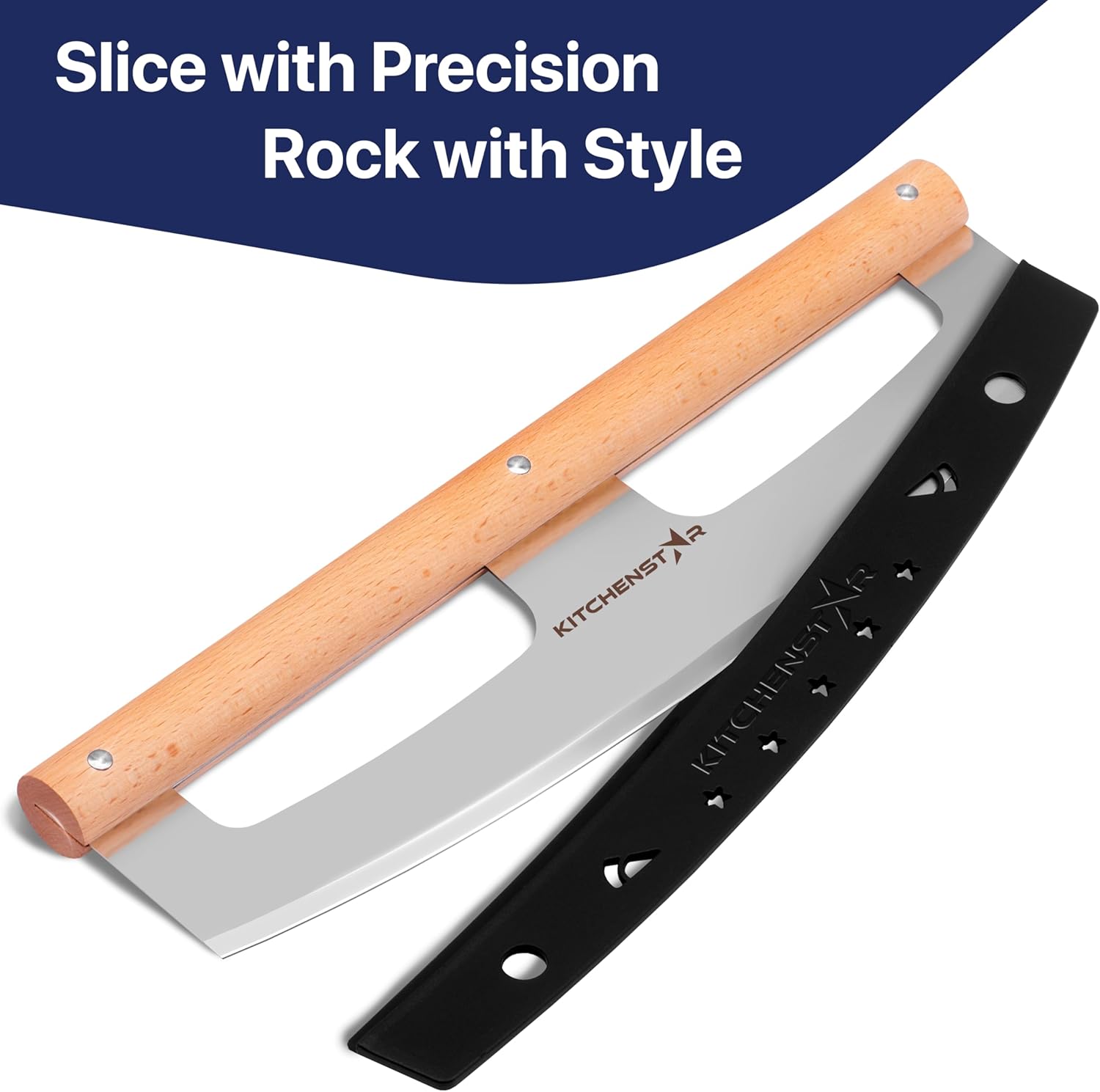 14" Pizza Cutter Rocker by KitchenStar - Razor Sharp Stainless Steel Slicer Knife w Wooden Handle & Blade Cover, Silver - Premium Pizza Oven Accessories