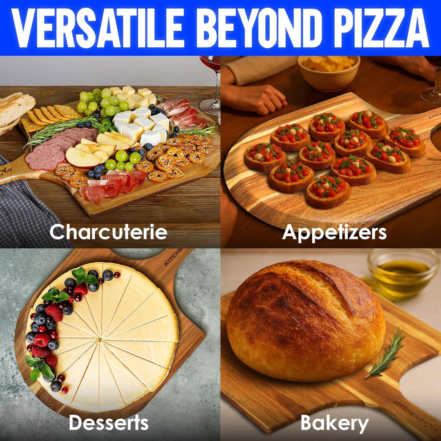 KitchenStar Acacia Wood Pizza Peel 14 inch - Large Wooden Pizza Paddle Spatula for Oven - Beautiful Cutting & Serving Board with Handle - Premium Pizza Oven Accessories