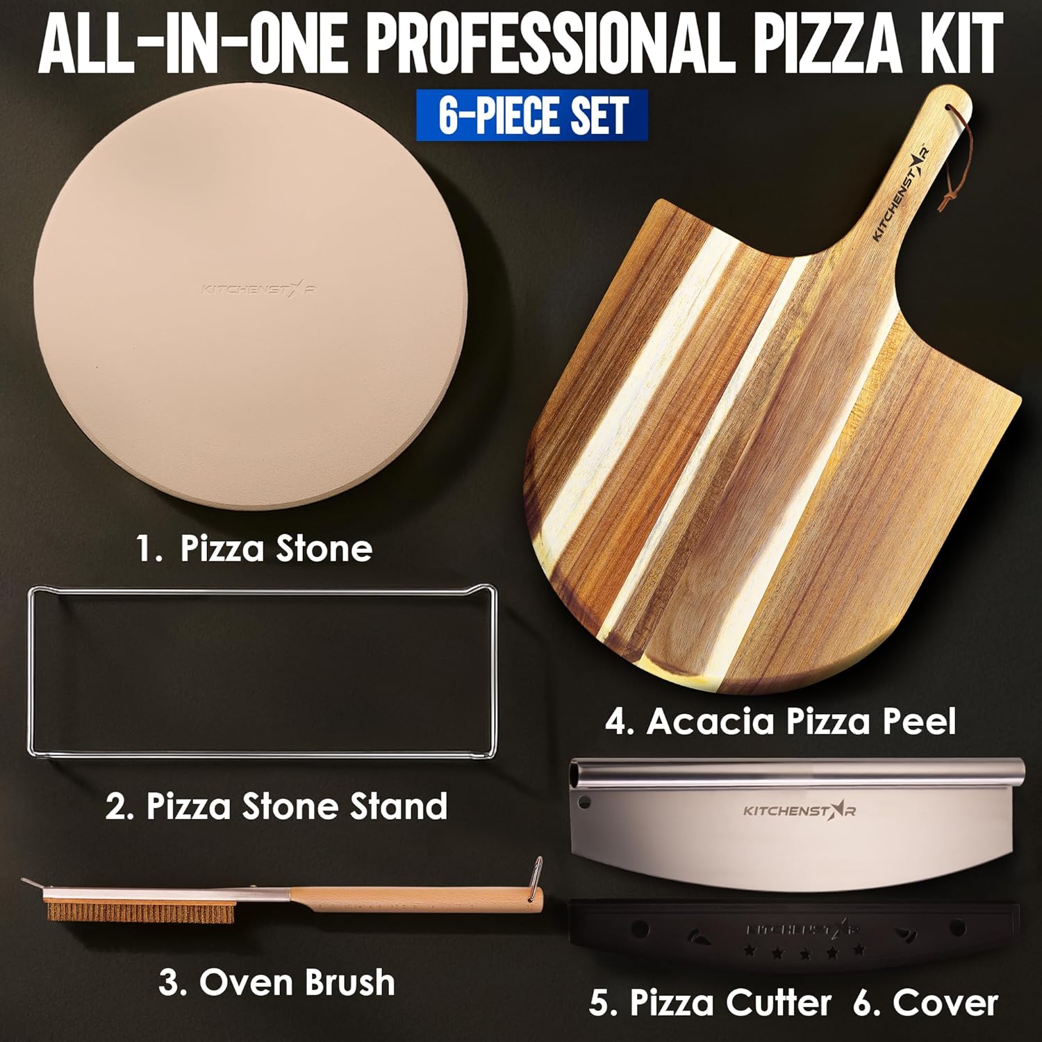 16" Pizza Making Kit (Set of 4 Tools) - Pizza Stone with SS Rack, Acacia Wood Pizza Peel, Stainless Steel Pizza Cutter Rocker w Protective Cover, Metal Brush w Scraper, Oven & Grill Accessories