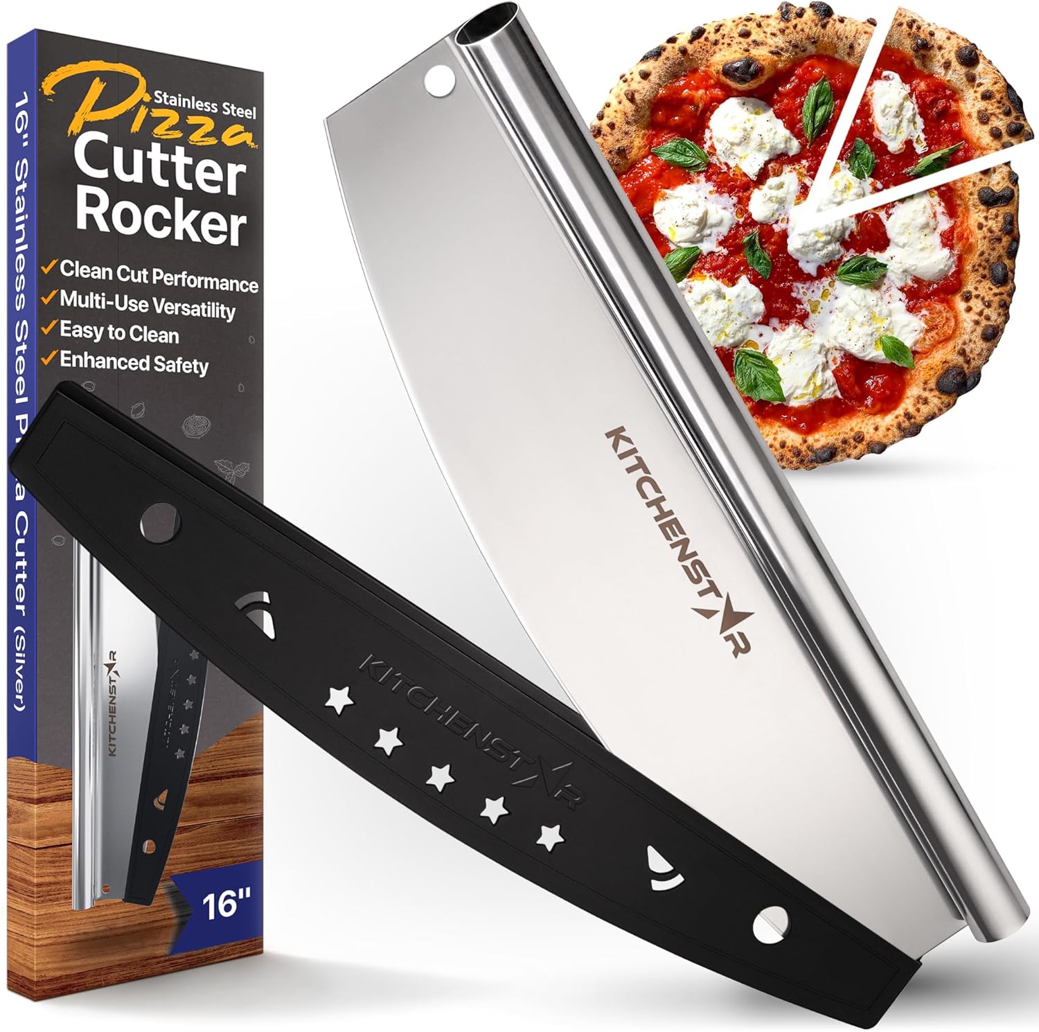 16" Pizza Cutter by KitchenStar | Sharp Stainless Steel Slicer Knife - Rocker Style w Blade Cover | Chop and Slices Perfect Portions + Dishwasher Safe - Premium Pizza Accessories