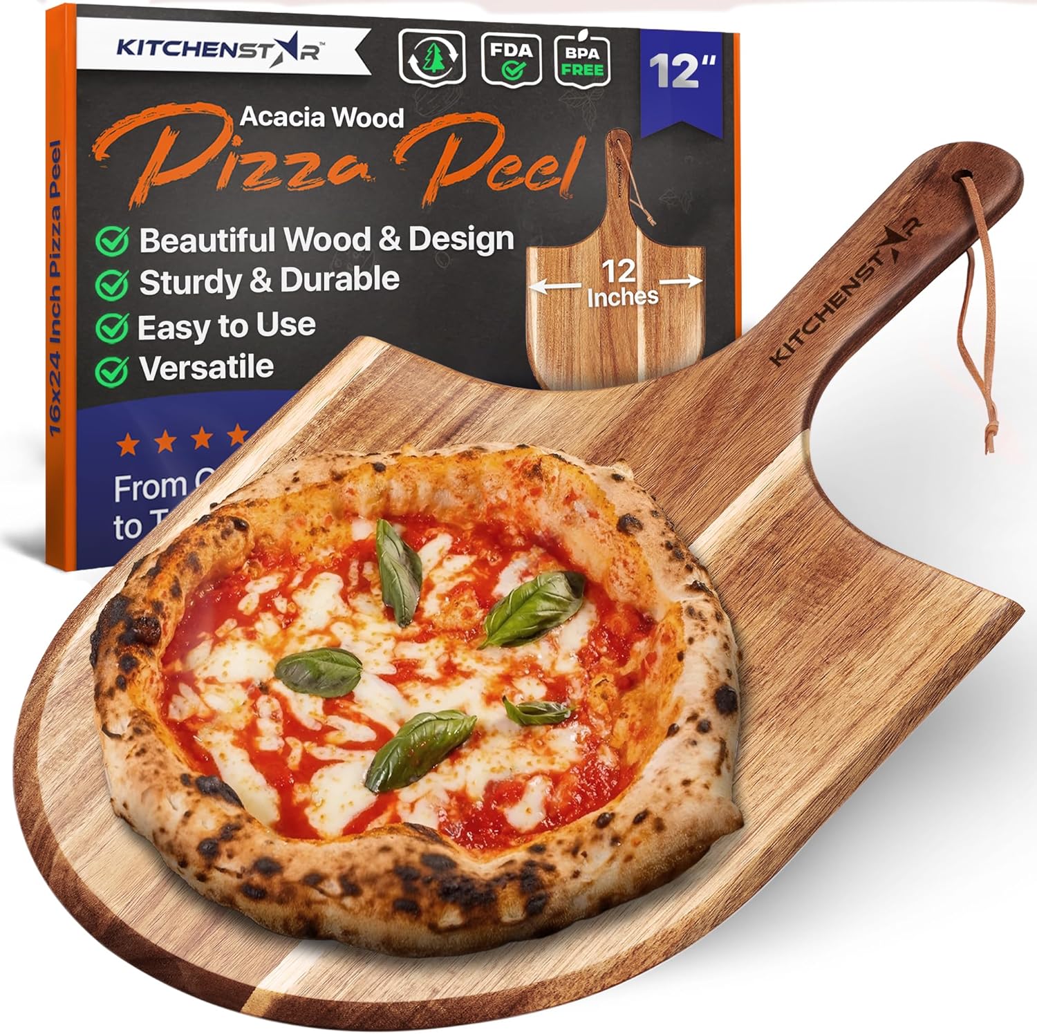 KitchenStar Acacia Wood Pizza Peel 12 inch - Wooden Pizza Paddle Spatula for Oven - Beautiful Cutting and Serving Board with Comfortable Handle - Pizza Oven Accessories