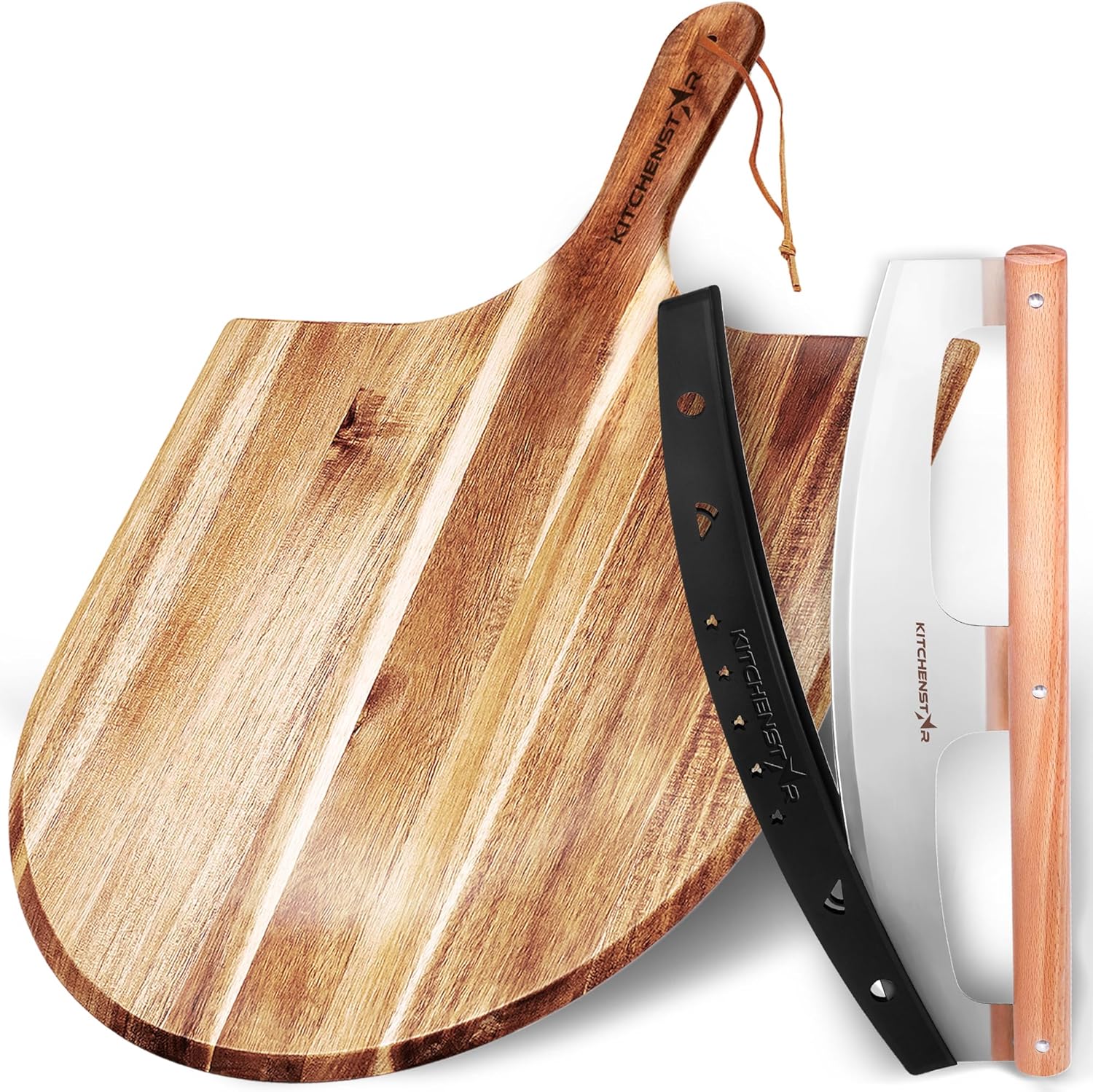 KitchenStar Pizza Cutter Rocker 16" Blade + Wooden Pizza Peel 16" - Pizza Making Bundle