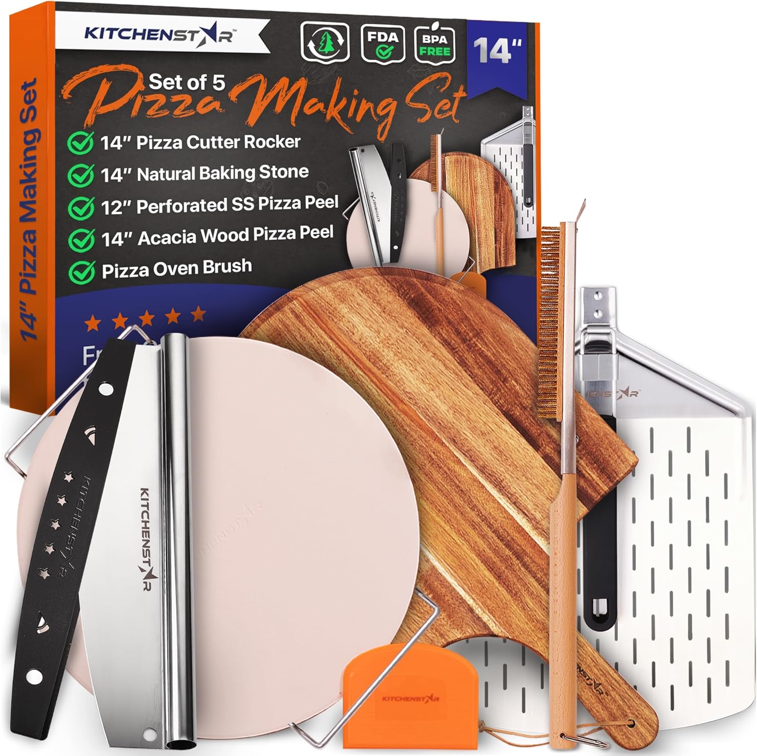 14" Pizza Making Kit (Set of 5) - Cordierite Pizza Stone with SS Rack, Stainless Steel Pizza Peel w Folding Handle, Acacia Wood Pizza Peel, Pizza Cutter Rocker w Cover, Oven Metal Brush w Scraper