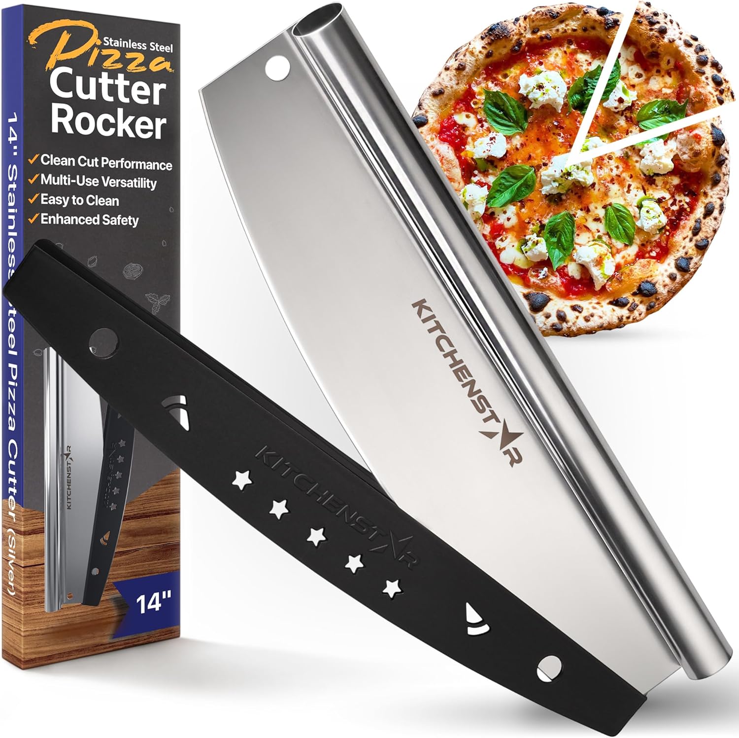 14” Pizza Cutter by KitchenStar | Sharp Stainless Steel Slicer Knife - Rocker Style w Blade Cover | Chop and Slices Perfect Portions + Dishwasher Safe – Premium Pizza Oven Accessories