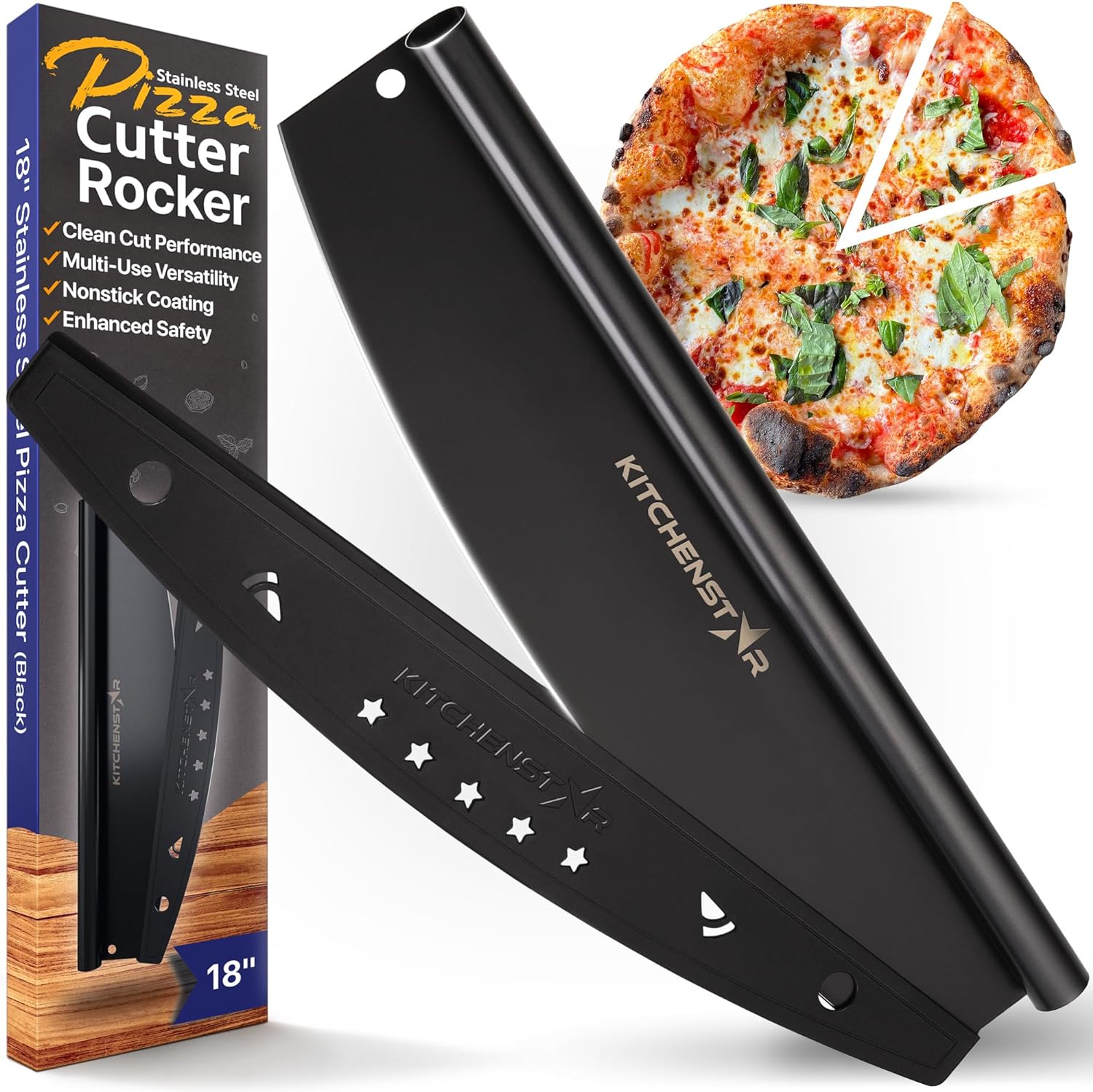 18" Black Non-Stick Pizza Cutter by KitchenStar | Sharp Stainless Steel Slicer Knife - Rocker Style w Blade Cover | Chop and Slices Perfect Portions + Dishwasher Safe – Premium Pizza Oven Accessories