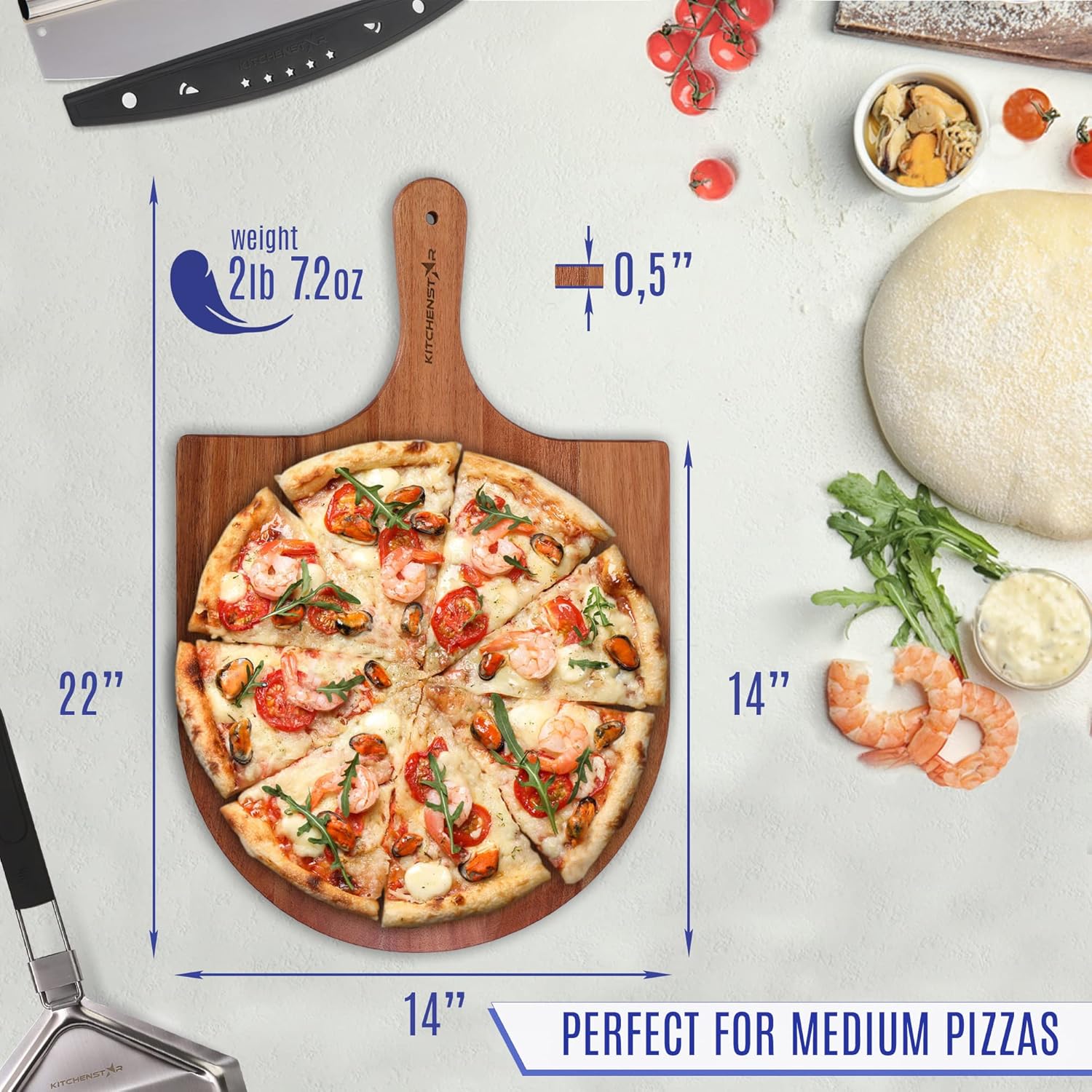 KitchenStar Pizza Cutter Rocker 14 inch + Acacia Wood Pizza Peel 14" - Pizza Making Set Bundle