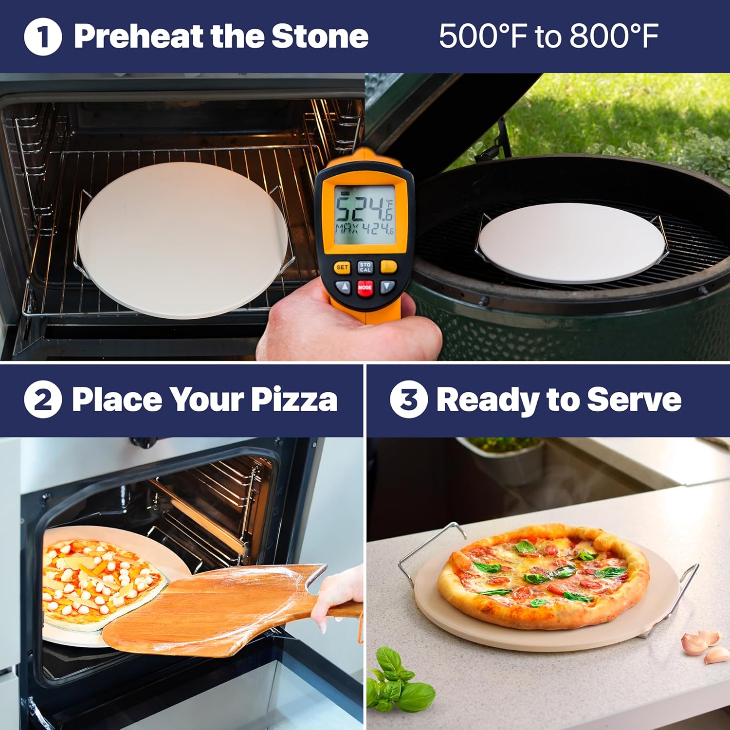 Pizza Stone for Oven and Grill 14 inch - Cordierite Baking Stone Set with Stainless Steel Rack and Plastic Scraper - Durable and High-Quality Ceramic Pizza Stones for Grill and Oven