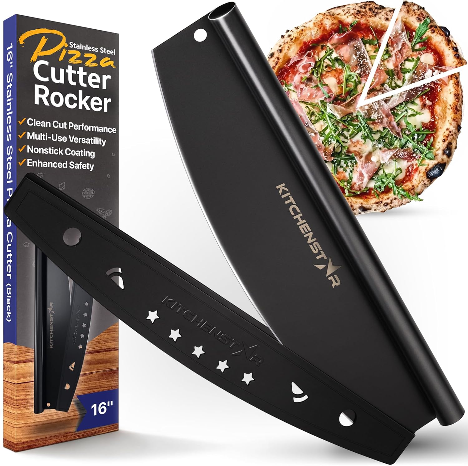 16" Black Non-Stick Pizza Cutter by KitchenStar | Sharp Stainless Steel Slicer Knife - Rocker Style w Blade Cover | Chop and Slices Perfect Portions + Dishwasher Safe – Premium Pizza Oven Accessories