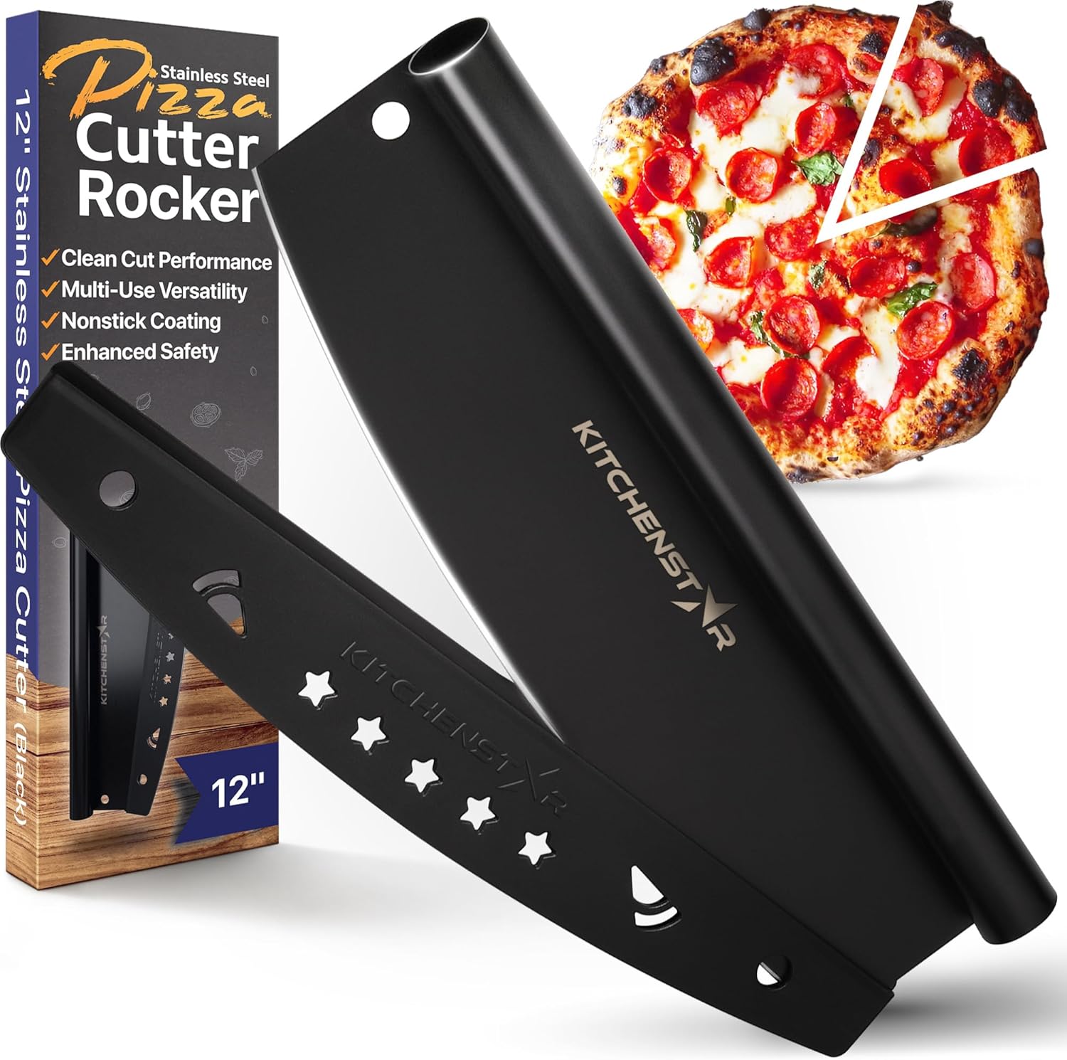 KitchenStar Pizza Cutter Rocker 12 inch - Stainless Steel Pizza Slicer Knife - Black NonStick Sharp Knife with Blade Cover - Pizza Making Tools & Oven Accessories - Dishwasher Safe