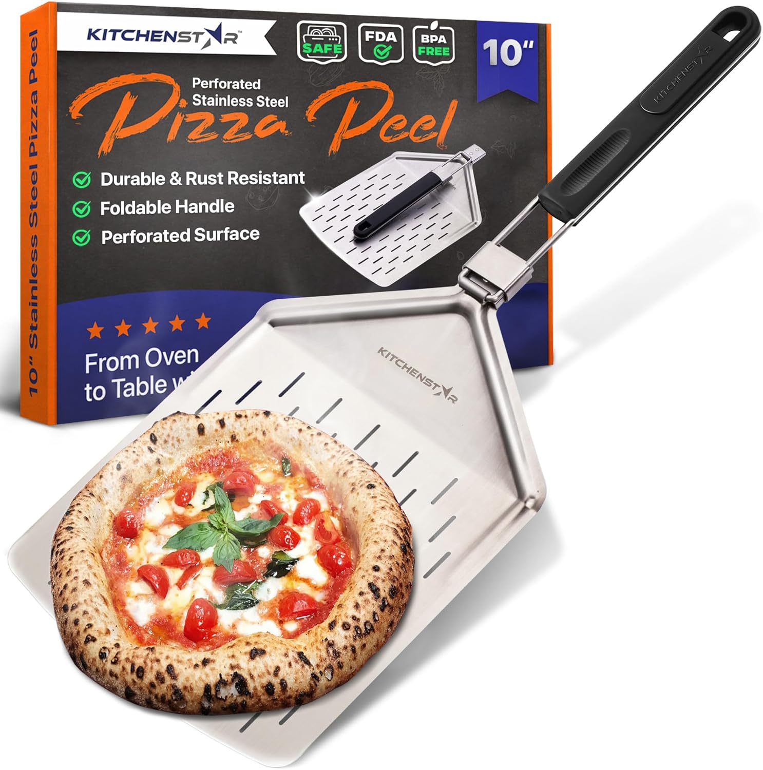 10" Perforated Pizza Peel with Long Folding Handle - Stainless Steel Spatula Paddle for Effortless Pizza Transfer & Easy Storrage - Outdoor Pizza Oven Accessories