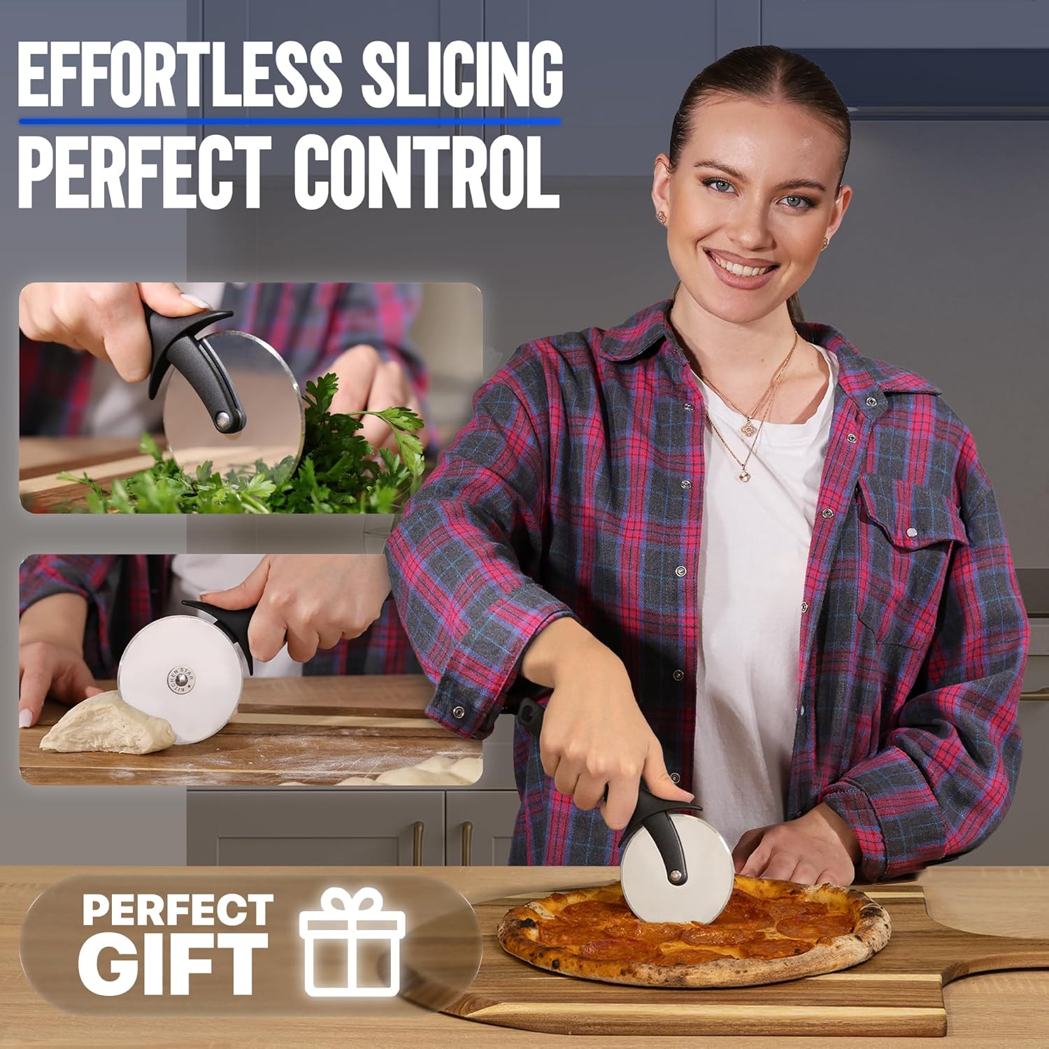 KitchenStar Pizza Cutter Wheel - 304 Stainless Steel Slicer Knife with Super Sharp Blade, Anti-Wobble Axle Mechanism, Ergonomic Non-Slip Handle & Protective Cover, Dishwasher Safe