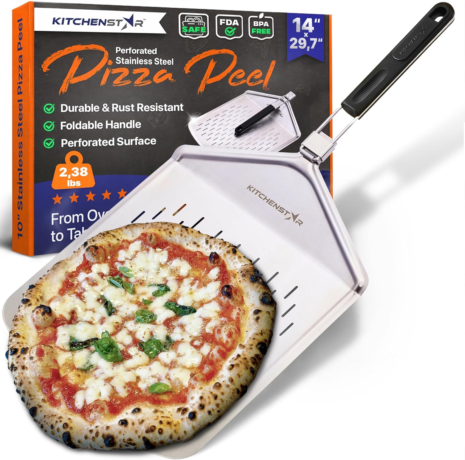 14" Perforated Pizza Peel with Long Folding Handle - Stainless Steel Spatula Paddle for Effortless Pizza Transfer & Easy Storrage - Outdoor Pizza Oven Accessories