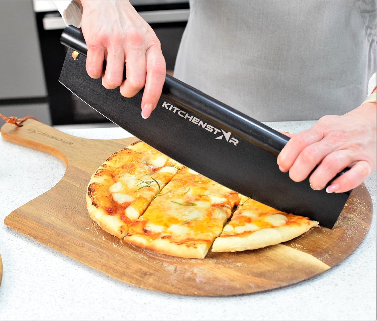 14" Black Non-Stick Pizza Cutter by KitchenStar | Sharp Stainless Steel Slicer Knife - Rocker Style w Blade Cover | Chop and Slices Perfect Portions + Dishwasher Safe – Premium Pizza Oven Accessories