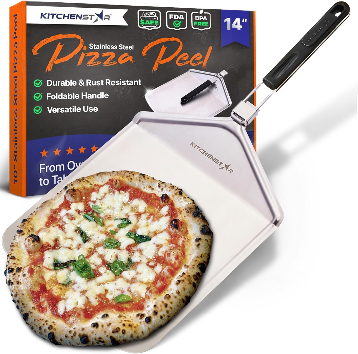 KitchenStar 14" Pizza Peel with Long Folding Handle - Stainless Steel Spatula Paddle for Effortless Pizza Transfer & Easy Storrage - Outdoor Pizza Oven Accessories