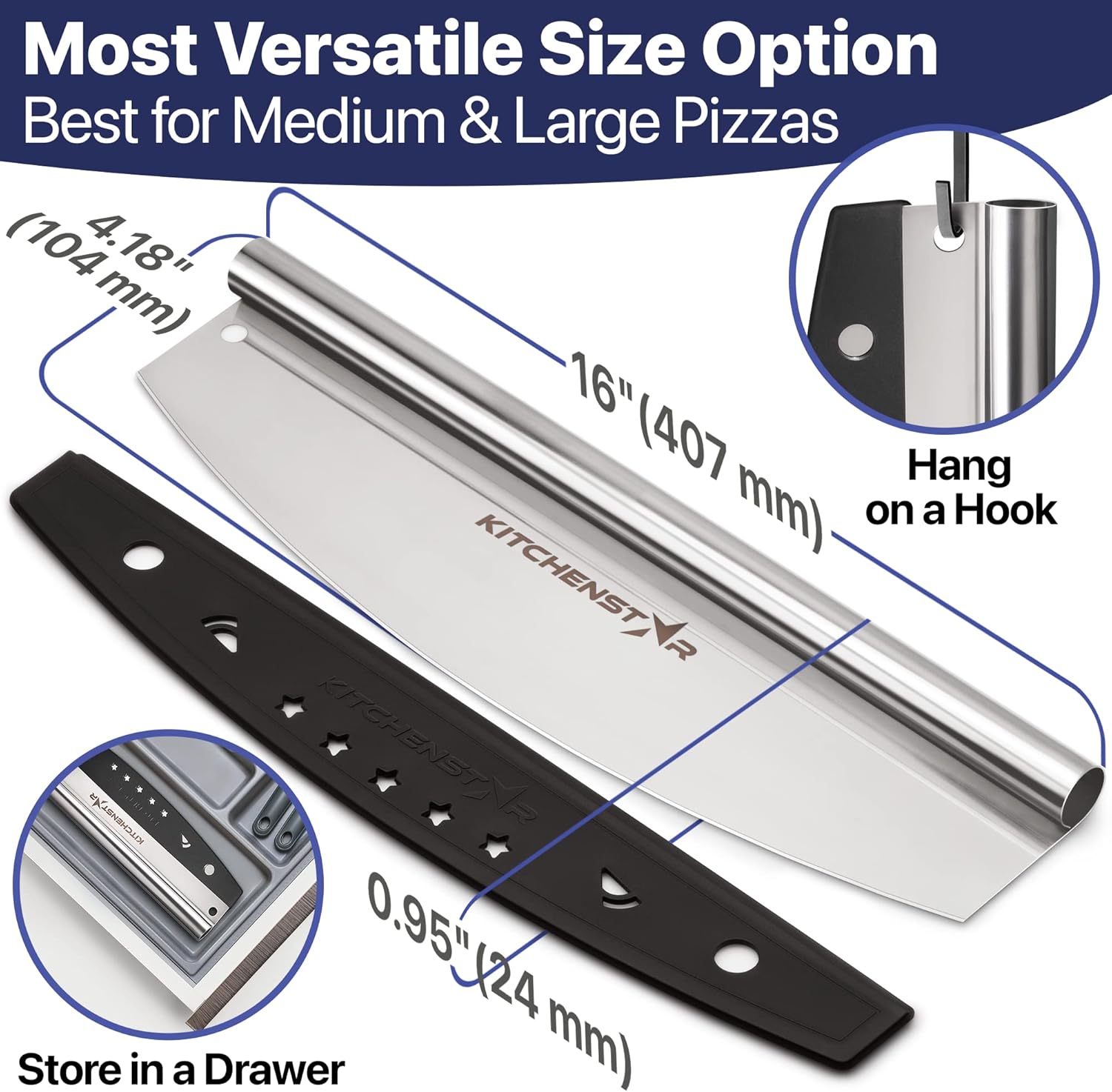 16" Pizza Cutter by KitchenStar | Sharp Stainless Steel Slicer Knife - Rocker Style w Blade Cover | Chop and Slices Perfect Portions + Dishwasher Safe - Premium Pizza Accessories