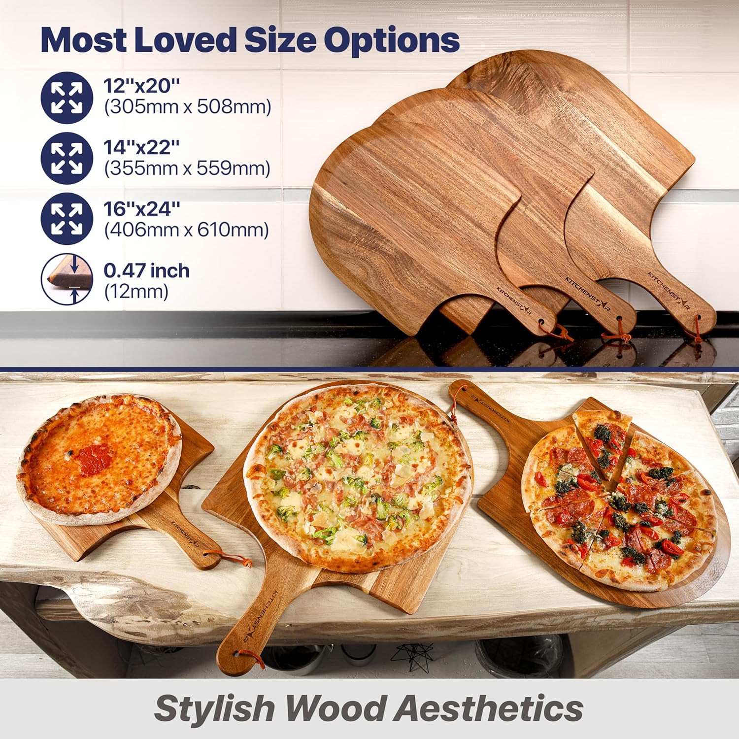 KitchenStar Acacia Wood Pizza Peel 14 inch - Large Wooden Pizza Paddle Spatula for Oven - Beautiful Cutting & Serving Board with Handle - Premium Pizza Oven Accessories