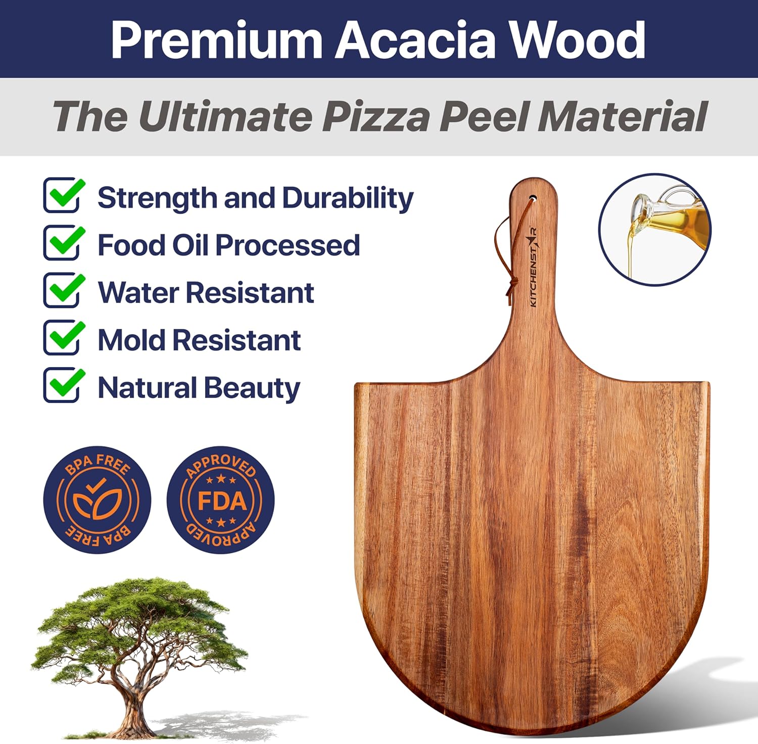 KitchenStar Acacia Wood Pizza Peel 14 inch - Large Wooden Pizza Paddle Spatula for Oven - Beautiful Cutting & Serving Board with Handle - Premium Pizza Oven Accessories