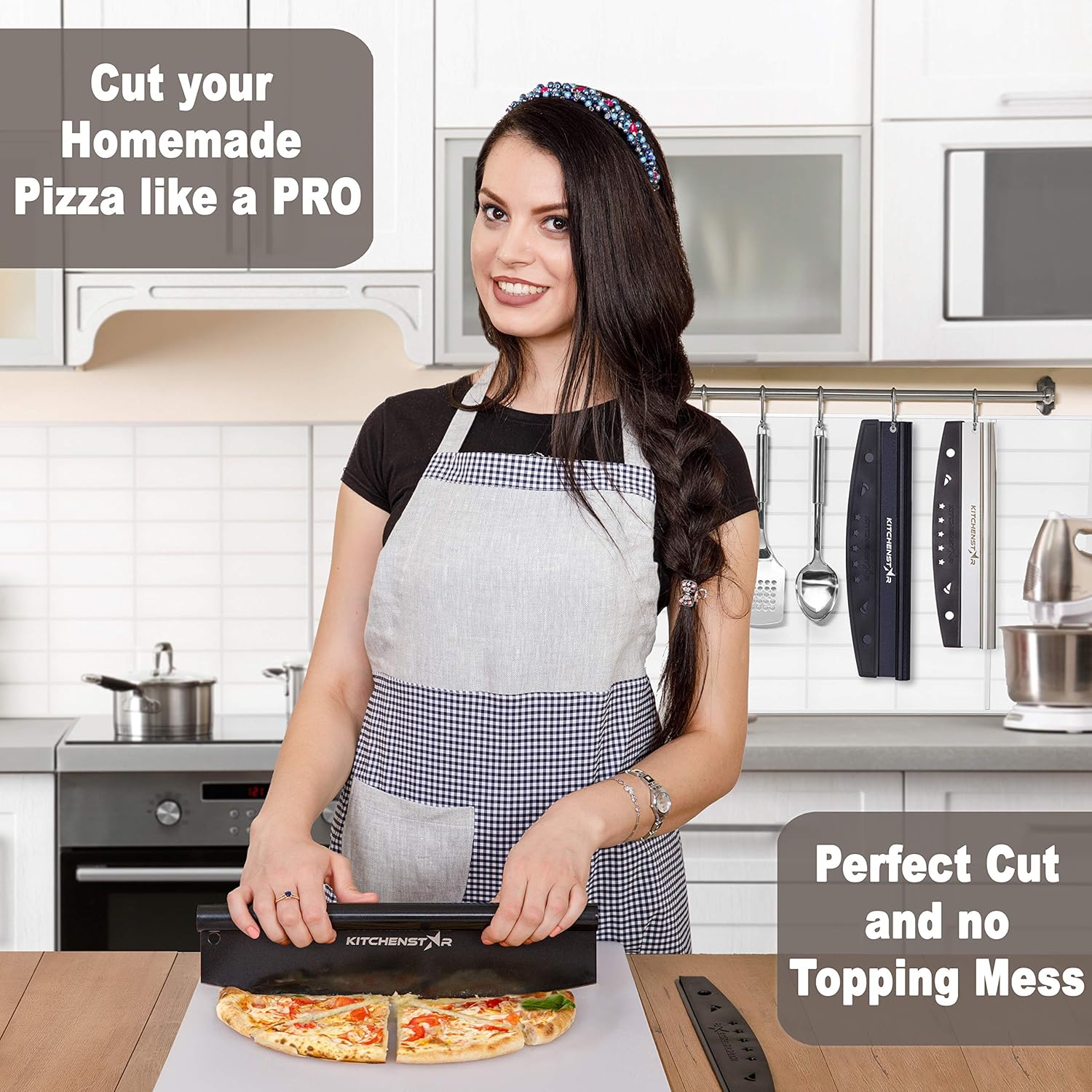 14" Black Non-Stick Pizza Cutter by KitchenStar | Sharp Stainless Steel Slicer Knife - Rocker Style w Blade Cover | Chop and Slices Perfect Portions + Dishwasher Safe – Premium Pizza Oven Accessories