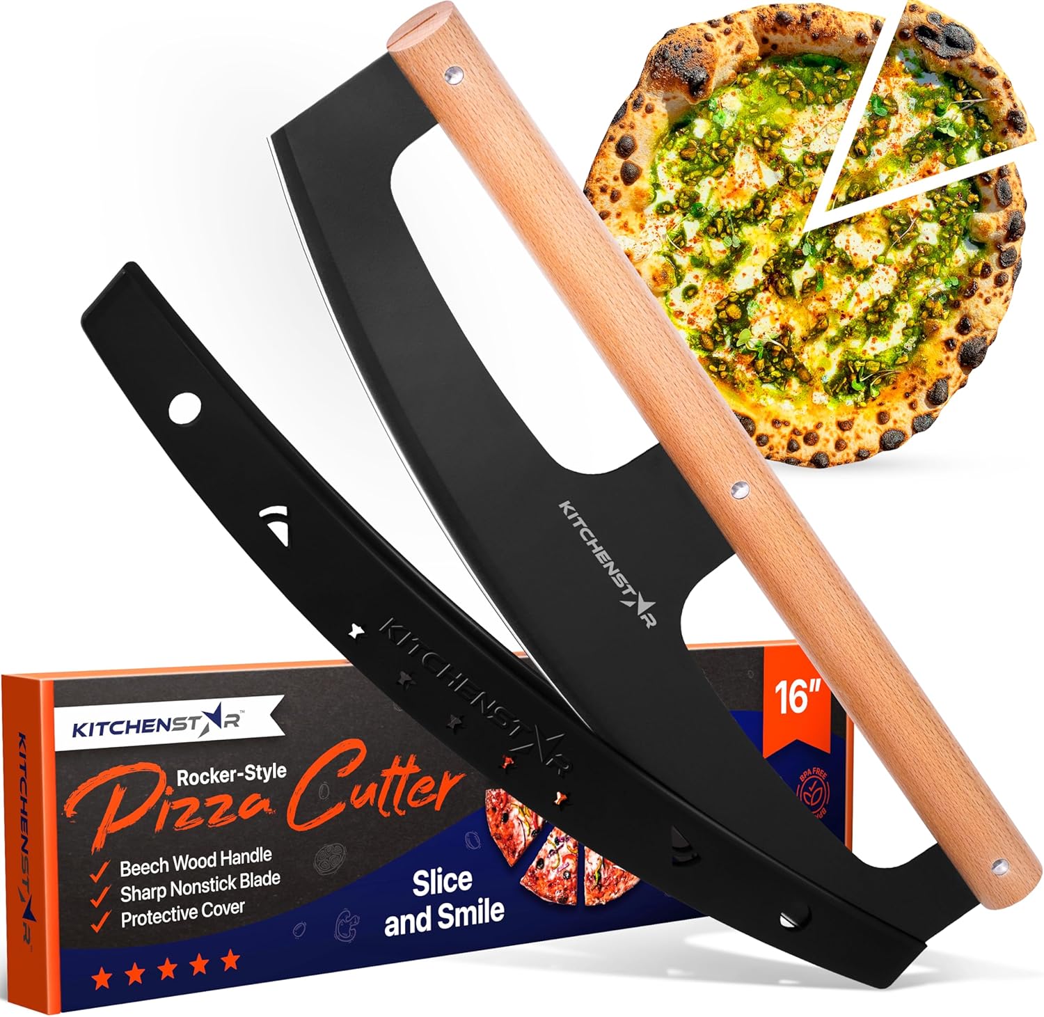 16" Pizza Cutter Rocker by KitchenStar - Razor Sharp Stainless Steel Slicer Knife w Wooden Handle & Blade Cover, Black - Premium Pizza Oven Accessories