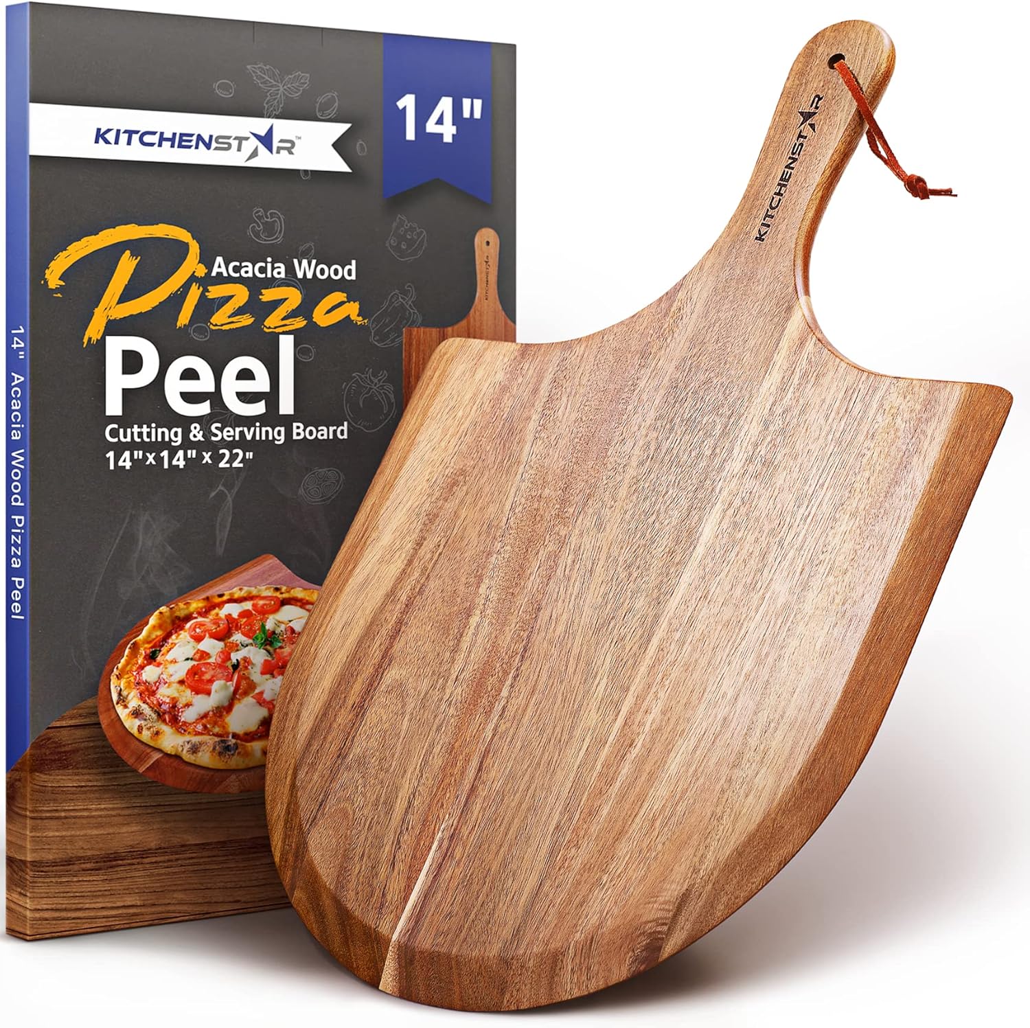 KitchenStar Pizza Cutter Rocker 14 inch + Acacia Wood Pizza Peel 14" - Pizza Making Set Bundle