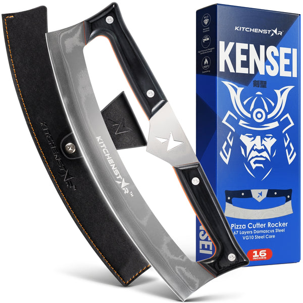 Kensei — Damascus VG10 Rocker Knife 16" | Slices Any Pizza in One Stroke | Leather Sheath Included