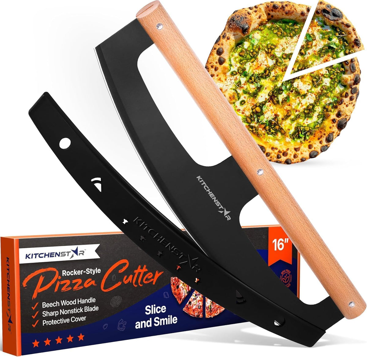 KitchenStar 16 inch black pizza cutter rocker blade with wooden handle