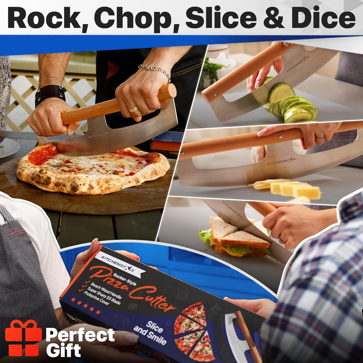 Rocker pizza cutter also chops vegetables and herbs; comes in a gift box