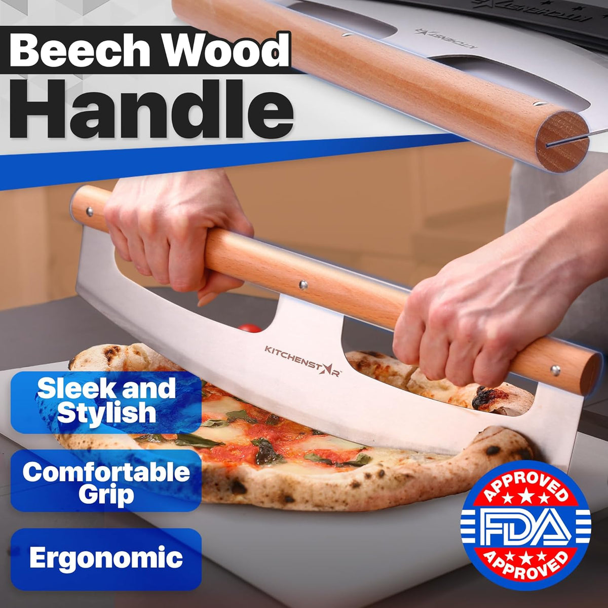 Ergonomic beech wood handle on the KitchenStar rocker pizza cutter