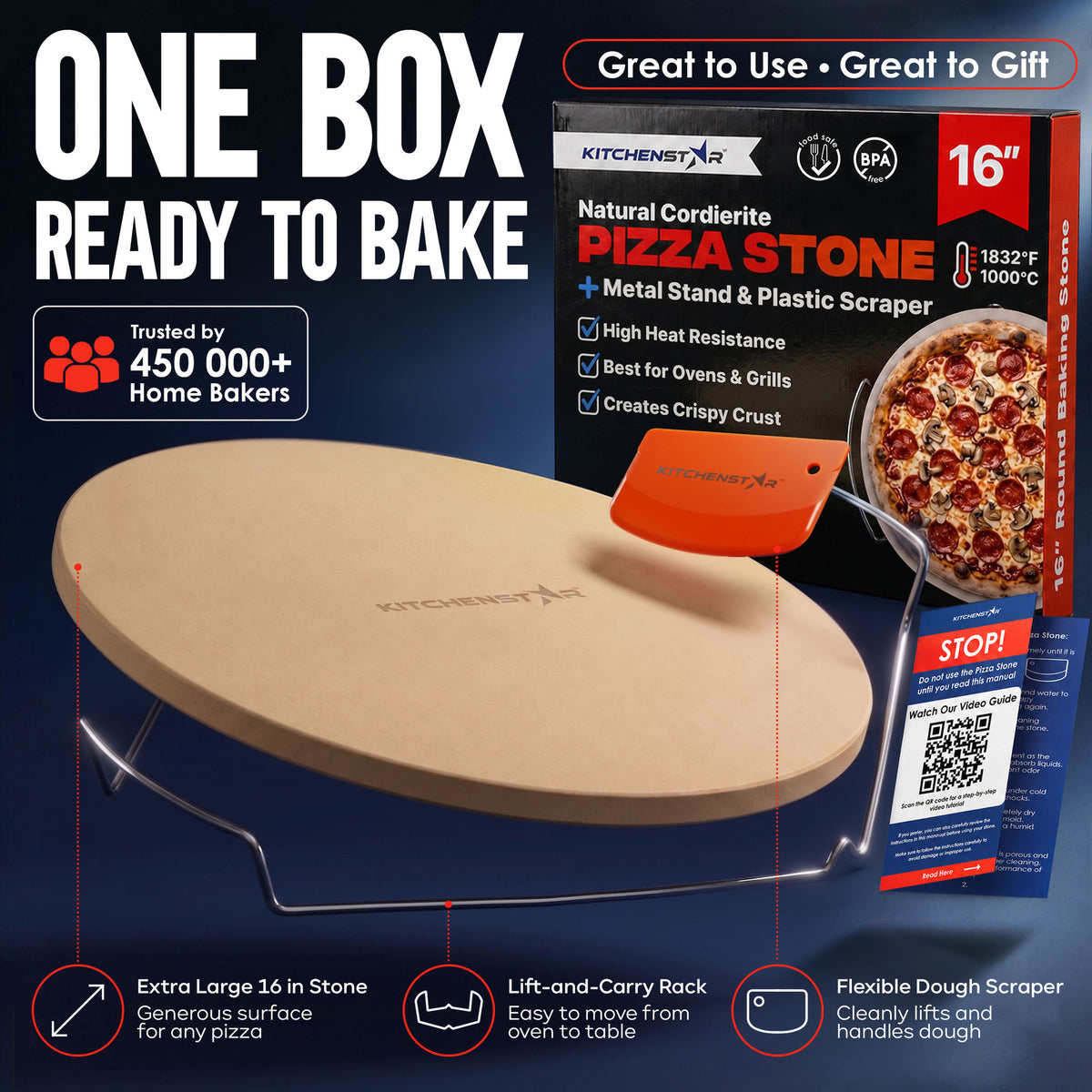 KitchenStar 16 inch round pizza stone set in its gift box with stainless steel rack and plastic scraper