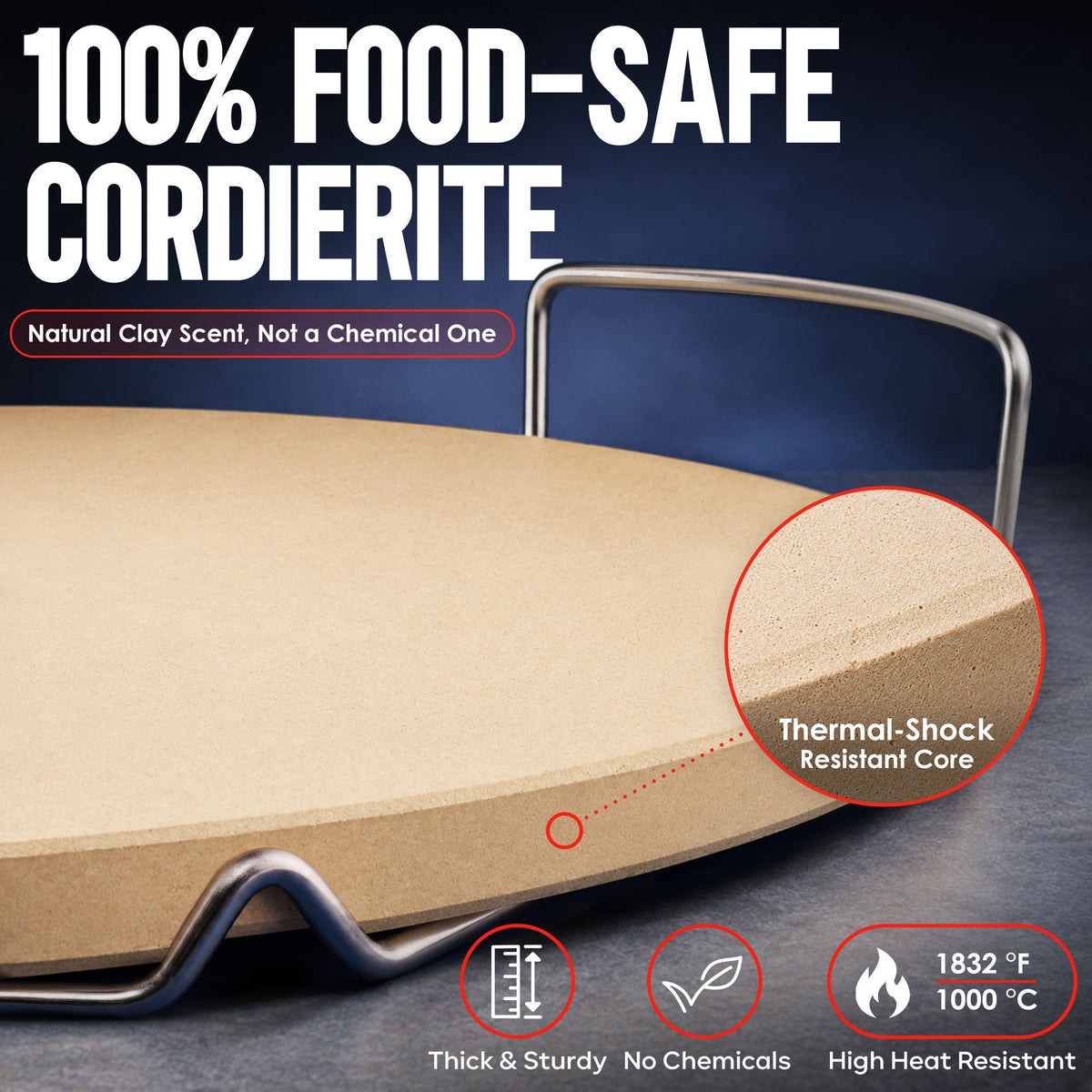 100% food-safe cordierite pizza stone with thermal-shock resistant core on a stainless steel rack