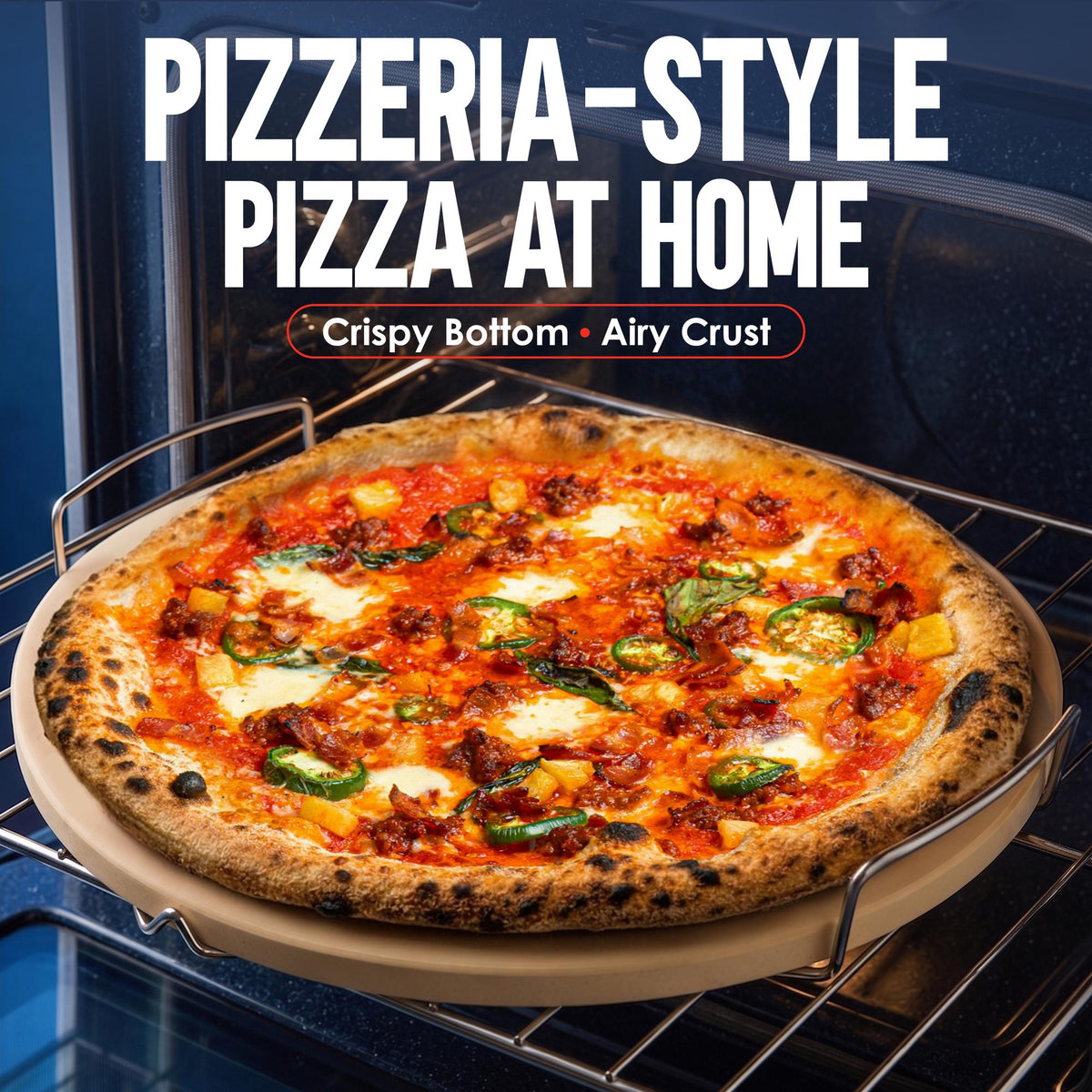 Pizzeria-style pizza with crispy bottom and airy crust baked on the KitchenStar 16 inch round pizza stone