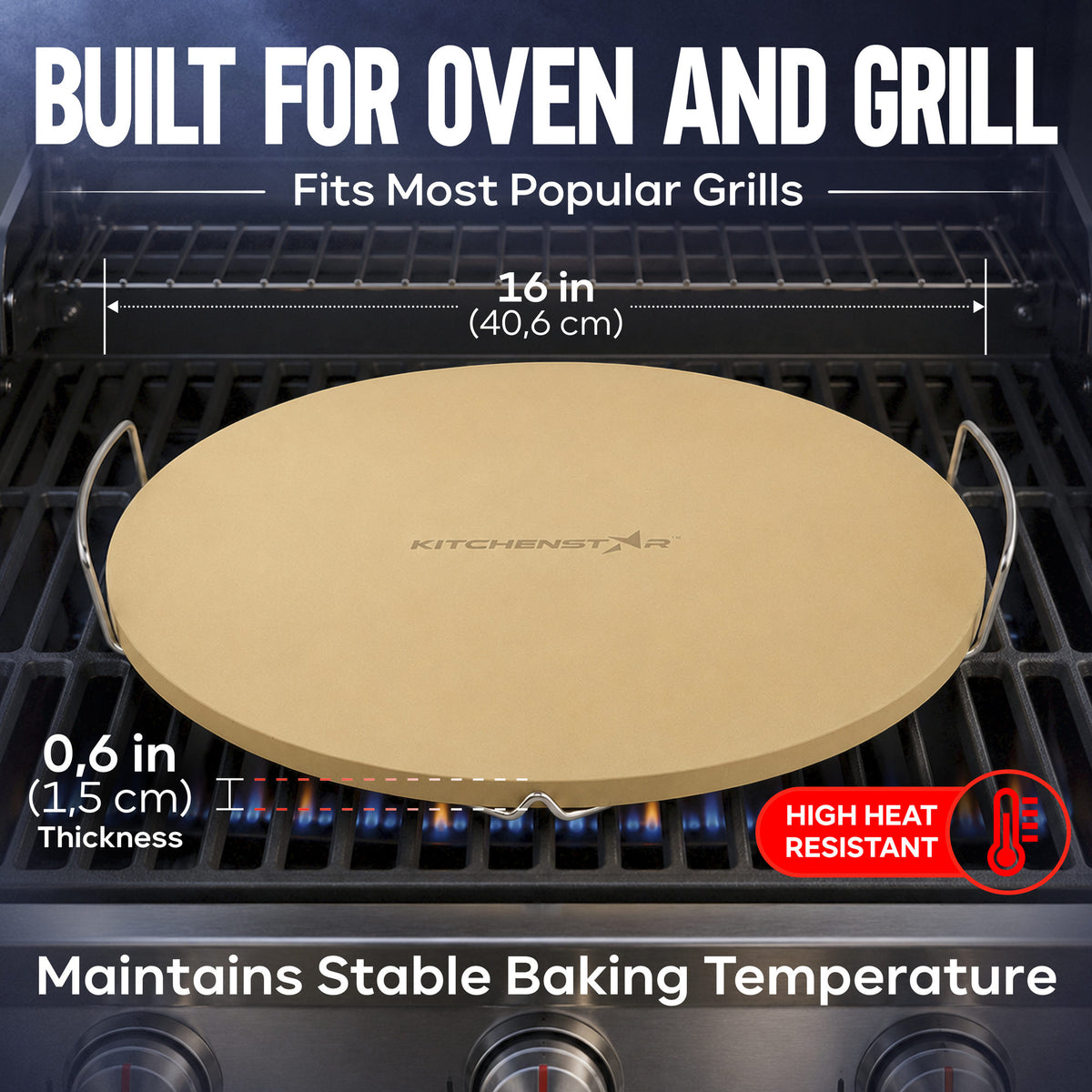 16 inch pizza stone fits most popular grills, 0.6 inch thick and high heat resistant