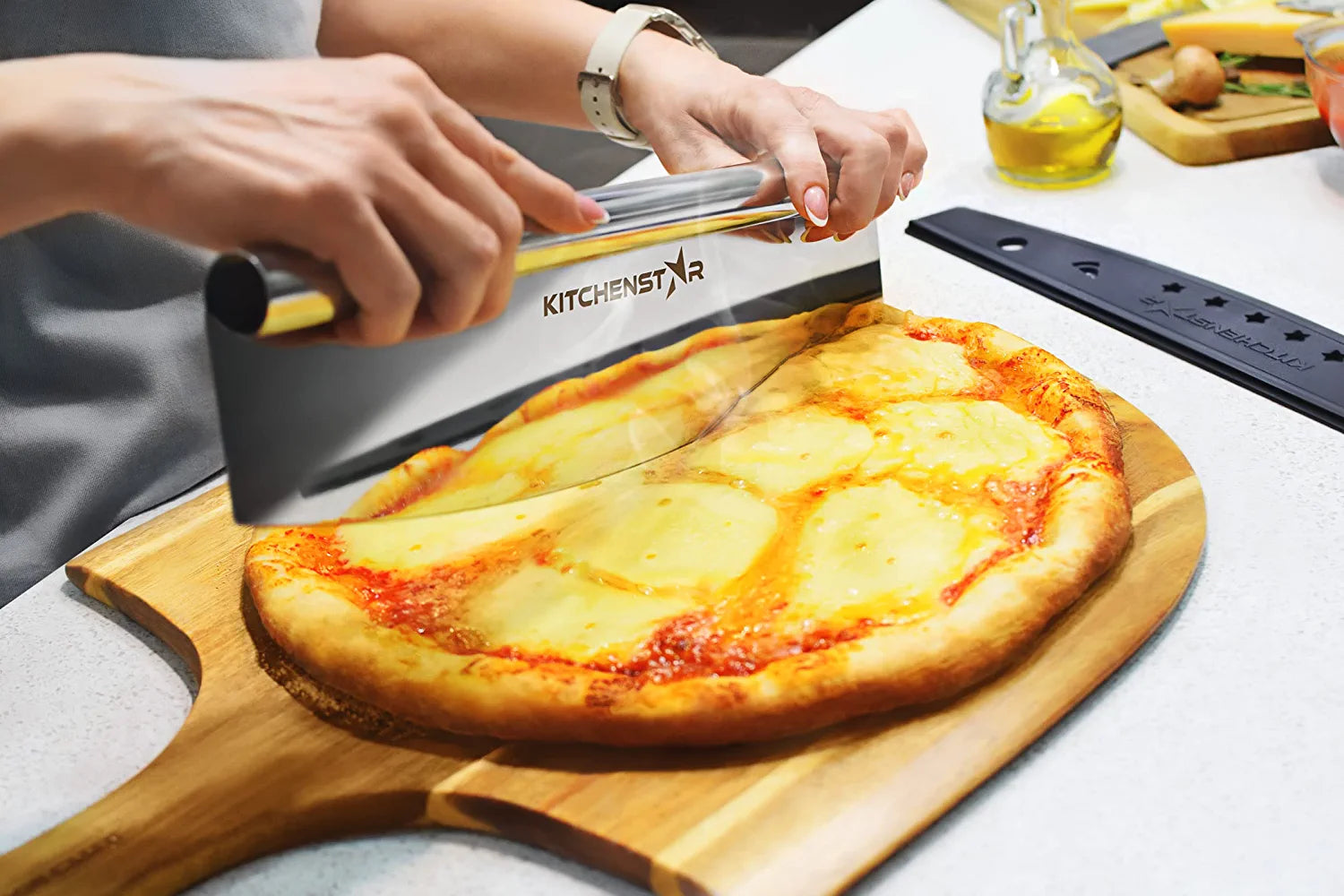 Pizza Cutter Rocker 12 inch by KitchenStar - Super Sharp Stainless Steel Slicer Knife with Hanging Hole & Protective Blade Cover (Silver) - Fast and Easy Slicing, Dishwasher Safe
