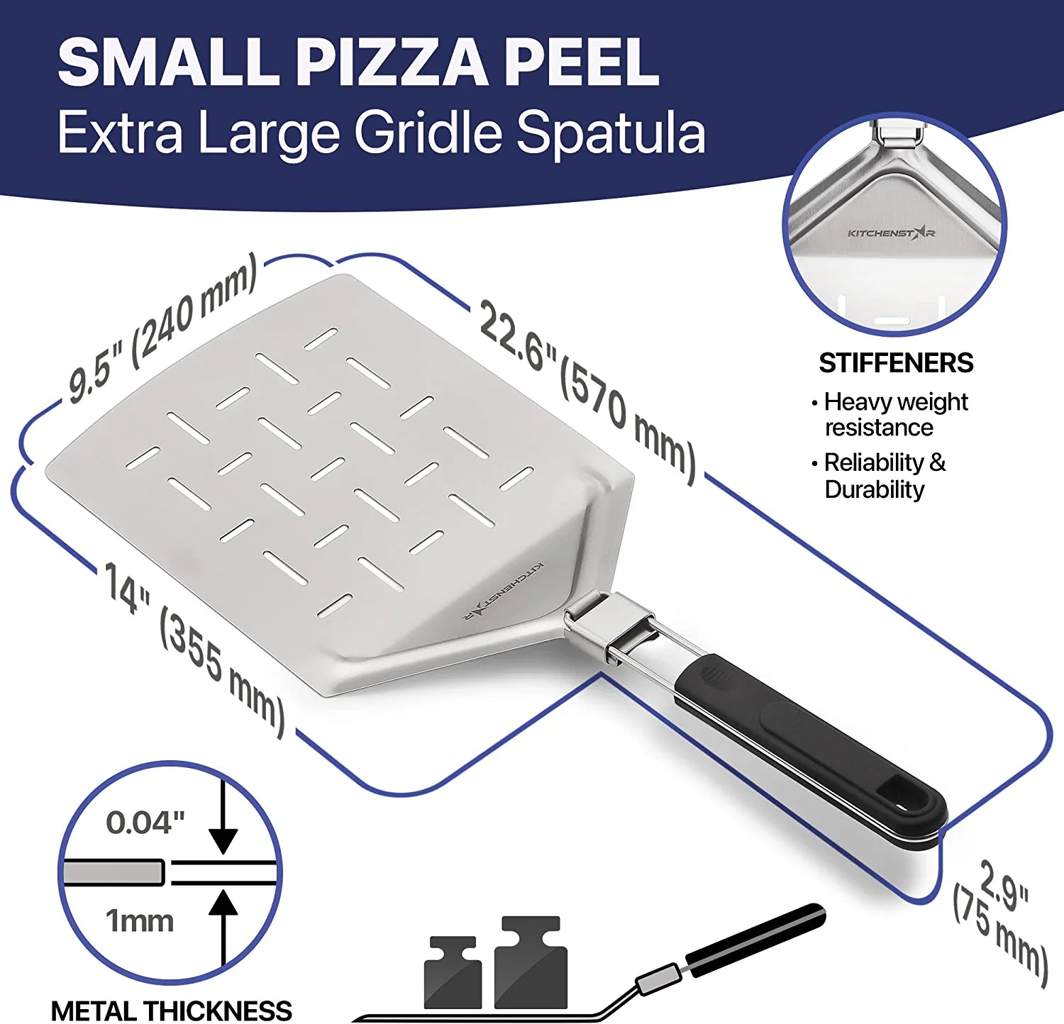 KitchenStar Perforated Stainless Steel Pizza Peel with Folding Handle (9.5 x 14 Inches) for Oven Pizza Turning, Placement and Retrieving - Professional Baking Tools Series