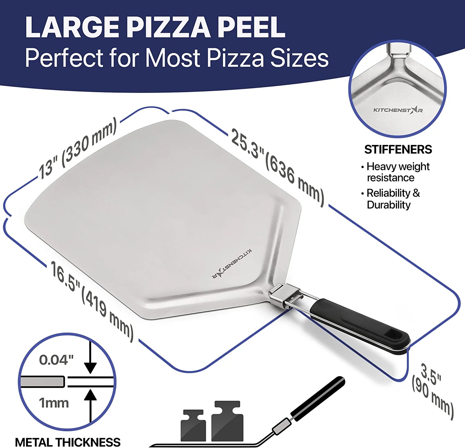 KitchenStar Stainless Steel Pizza Peel with Folding Handle (13 x 16.5 Inches) for Oven Pizza Turning, Placement and Retrieving - Professional Baking Tools Series