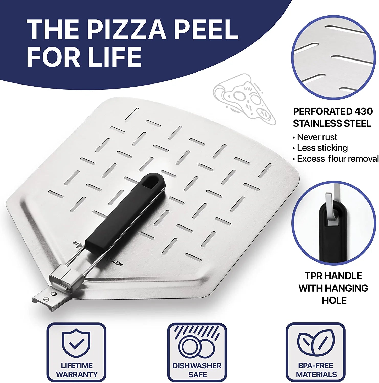 KitchenStar Perforated Stainless Steel Pizza Peel with Folding Handle (13 x 16.5 Inches) for Oven Pizza Turning, Placement and Retrieving - Professional Baking Tools Series