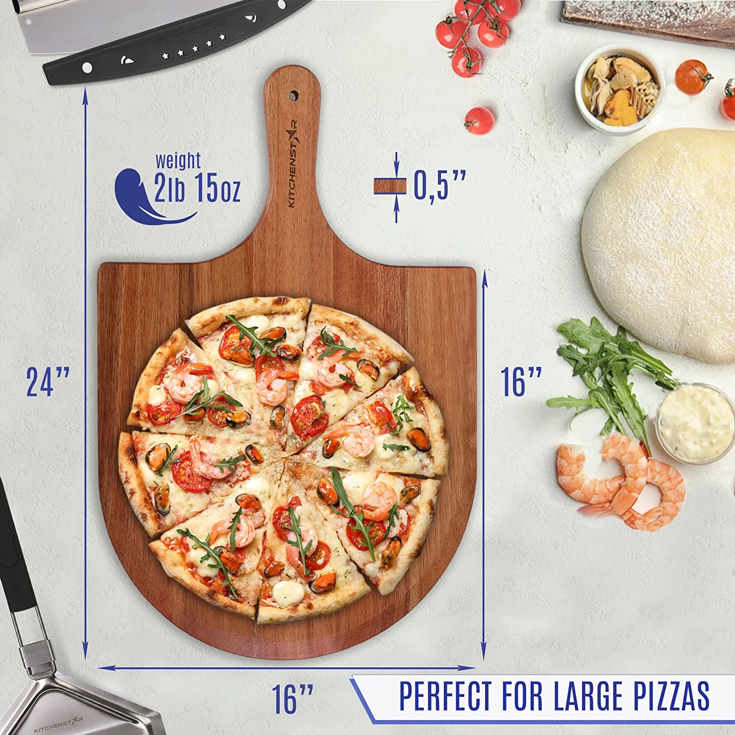 KitchenStar Acacia Wood Pizza Peel 16 inch - Extra Large Wooden Pizza Paddle Spatula for Oven - Beautiful Cutting & Serving Board with Handle - Pizza Oven Accessories